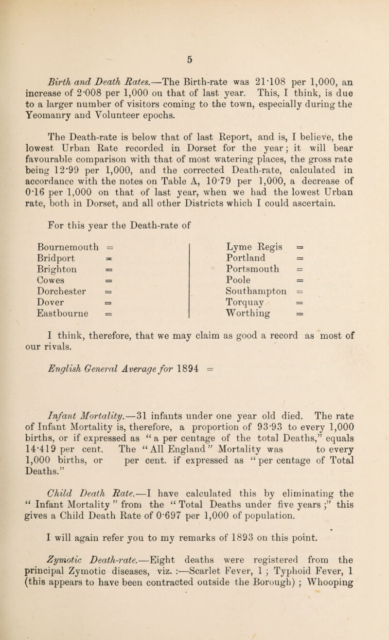 Birth and Death Rates.—The Birth-rate was 21T08 per 1,000, an increase of 2*008 per 1,000 on that of last year. This, I think, is due to a larger number of visitors coming to the town, especially during the Yeomanry and Volunteer epochs. The Death-rate is below that of last Report, and is, I believe, the lowest Urban Rate recorded in Dorset for the year; it will bear favourable comparison with that of most watering places, the gross rate being 12*99 per 1,000, and the corrected Death-rate, calculated in accordance with the notes on Table A, 10*79 per 1,000, a decrease of 0*16 per 1,000 on that of last year, when we had the lowest Urban rate, both in Dorset, and all other Districts which I could ascertain. For this year the Death-rate Bournemouth = Bridport = Brighton = Cowes = Dorchester = Dover = Eastbourne = I think, therefore, that we n our rivals. Lyme Regis = Portland = Portsmouth — Poole = Southampton = Torquay = Worthing = claim as good a record as most of English General Average for 1894 = Infant Mortality.—31 infants under one year old died. The rate of Infant Mortality is, therefore, a proportion of 93*93 to every 1,000 births, or if expressed as “ a per centage of the total Deaths,” equals 14*419 per cent. The “All England” Mortality was to every 1,000 births, or per cent, if expressed as “ per centage of Total Deaths.” Child Death Rate.—I have calculated this by eliminating the “ Infant Mortality ” from the “ Total Deaths under five years ;” this gives a Child Death Rate of 0*697 per 1,000 of population. if I will again refer you to my remarks of 1893 on this point. Zymotic Death-rate.—Eight deaths were registered from the principal Zymotic diseases, viz. :—Scarlet Fever, 1 • Typhoid Fever, 1 (this appears to have been contracted outside the Borough) ; Whooping