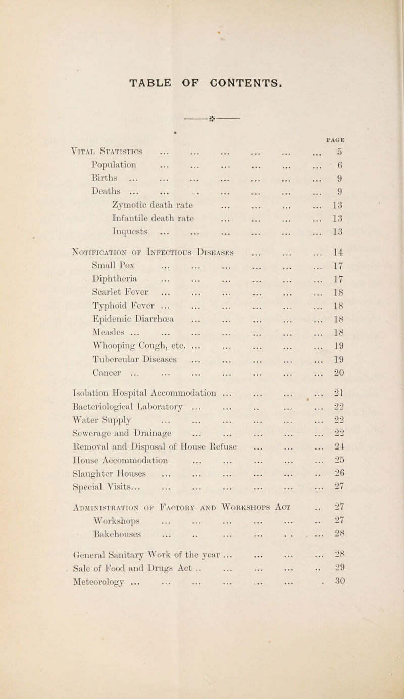 TABLE OF CONTENTS. * Vital Statistics Population Births Deaths ... Zymotic death rate Infantile death rate Inquests Notification of Infectious Diseases Small Pox Diphtheria Scarlet Fever Typhoid Fever ... Epidemic Diarrhoea Measles ... ... ... ... Whooping Cough, etc. ... Tubercular Diseases Cancer ... PAGE 5 6 9 9 13 13 13 14 17 17 18 18 18 18 19 19 20 Isolation Hospital Accommodation ... Bacteriological Laboratory ... Water Supply Sewerage and Drainage Bern oval and Disposal of House Refuse House Accommodation Slaughter Houses Special Visits... 21 99 Li -J 22 22 24 25 26 27 Administration of Factory and Workshops Act .. 27 Workshops ... ... ... ... ... .. 27 Bakehouses ... .. ... ... . . ... 28 General Sanitary Work of the year ... ... ... ... 28 Sale of Food and Drugs Act .. ... ... ... .. 29 Meteorology ... ... ... ... ... ... . 30