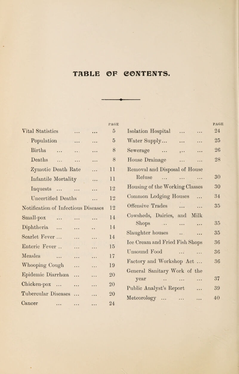 TABLE ©F CONTENTS. ♦ PAGE Vital Statistics ... ... 5 Population ... ... 5 Births ... ... ... 8 Deaths ... ... ... 8 Zymotic Death Rate ... 11 Infantile Mortality ... 11 Inquests ... ... ... 12 Uncertified Deaths ... 12 Notification of Infectious Diseases 12 Small-pox ... ... ... 14 Diphtheria ... ... .. 14 Scarlet Fever ... ... ... 14 Enteric Fever .. ... ... 15 Measles ... ... ... 17 Whooping Cough ... ... 19 Epidemic Diarrhoea ... ... 20 Chicken-pox ... ... ... 20 Tubercular Diseases ... ... 20 Cancer ... ... ... 24 Isolation Hospital Water Supply... Sewerage ... ,.. House Drainage Removal and Disposal of House Refuse Housing of the Working Classes Common Lodging Houses Offensive Trades Cowsheds, Dairies, and Milk Shops Slaughter houses Ice Cream and Fried Fish Shops Unsound Food Factory and Workshop Act ... General Sanitary Work of the year Public Analyst’s Report Meteorology ... PAGE 24 25 26 28 30 30 34 35 35 35 36 36 36 37 39 40