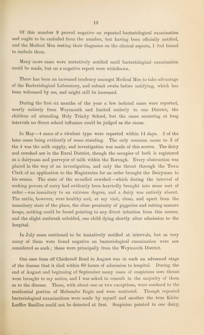 Of this number 9 proved negative on repeated bacteriological examination and ought to be excluded from the number, but having been officially notified, and the Medical Men resting their diagnoses on the clinical aspects, I feel bound to include them. Many more cases were tentatively notified until bacteriological examination could be made, but on a negative report were withdrawn. There has been an increased tendency amongst Medical Men to take advantage of the Bacteriological Laboratory, and submit swabs before notifying, which has been welcomed by me, and might still be increased. During the first six months of the year a few isolated cases were reported, nearly entirely from Weymouth and limited entirely to one District, the children all attending Holy Trinity School, but the cases occurring at long intervals no direct school influence could be judged as the cause. In May—4 cases of a virulent type were reported within 14 days. 2 of the later cases being evidently of some standing. The only common cause to 3 of the 4 was the milk supply, and investigation was made of this source. The dairy and cowshed are in the Rural District, though the occupier of both is registered as a dairyman and purveyor of milk within the Borough. Every obstruction was placed in the way of an investigation, and only the threat through the Town Clerk of an application to the Magistrates for an order brought the Dairyman to his senses. The state of the so-called cowshed—which during the interval of seeking powers of entry had evidently been hurriedly brought into some sort of order—was insanitary to an extreme degree, and a dairy was entirely absent. The cattle, however, were healthy and, at my visit, clean, and apart from the insanitary state of the place, the close proximity of piggeries and rotting manure heaps, nothing could be found pointing to any direct infection from this source, and the slight outbreak subsided, one child dying shortly after admission to the hospital. In July cases continued to be tentatively notified at intervals, but as very many of them were found negative on bacteriological examination were not considered as such; these were principally from the Weymouth District. One case from off Chickerell Road in August was in such an advanced stage of the disease that it died within 60 hours of admission to hospital. During the end of August and beginning of September many cases of suspicious sore throat were brought to my notice, and I was asked to consult in the majority of them as to the disease. These, with about one or two exceptions, were confined to the residential portion of Melcombe Regis and were scattered. Though repeated bacteriological examinations were made by myself and another the true Klebs- Loeffler Bacillus could not be detected at first. Suspicion pointed to one dairy,