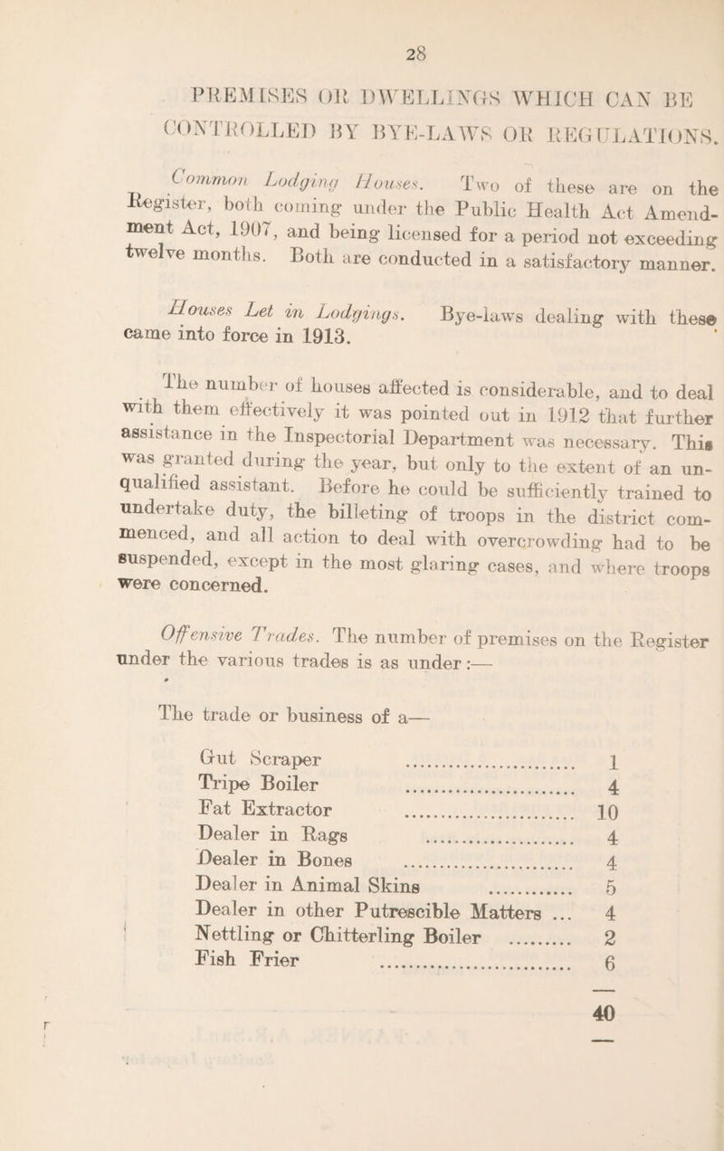 PREMISES OR DWELLINGS WHICH CAN BE CONTROLLED BY BYE-LAWS OR REGULATIONS. Common Lodging Homes. Two of these are on the Register, both coming under the Public Health Act Amend¬ ment Act, 1907, and being licensed for a period not exceeding twe ve months. Both are conducted in a satisfactory manner. Houses Let in Lodgings. Bye-laws dealing with these came into force in 1913. Ihe number of houses affected is considerable, and to deal with them effectively it was pointed out in 1912 that further assistance in the Inspectorial Department was necessary. This was granted during the year, but only to the extent of an un¬ qualified assistant. Before he could be sufficiently trained to undertake duty, the billeting of troops in the district com¬ menced, and all action to deal with overcrowding had to be suspended, except m the most glaring cases, and where troops were concerned. Offensive Trades. The number of premises on the Register under the various trades is as under:— 0 The trade or business of a— Gut Scraper X Tripe Boiler 4 Fat Extractor 10 Dealer in Rags 4 Dealer in Bones . 4 Dealer in Animal Skins 5 Dealer in other Putreiscible Matters ... 4 Nettling or Chitterling Boiler . 2 Fish Frier 0 40