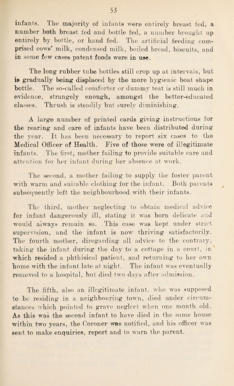 infants. The majority of infants were entirely breast fed, a number both breast fed and bottle fed, a number brought up entirely by bottle, or hand fed. The artificial feeding com¬ prised cows’ milk, condensed milk, boiled bread, biscuits, and in some few cases patent foods were in use. The long rubber tube bottles still crop up at intervals, but is gradually being displaced by the more hygienic boat shape bottle. The so-called comforter or dummy teat is still much in evidence, strangely enough, amongst the better-educated classes. Thrush is steadily but surely diminishing. A large number of printed cards giving instructions for the rearing and care of infants have been distributed during the year. It has been necessary to report six cases to the Medical Officer of Health. Five of those were of illegitimate infants. The first, mother failing to provide suitable care and attention for her infant during her absence at work. The second, a mother failing to supply the foster parent with warm and suitable clothing for the infant. Both parents subsequently left the neighbourhood with their infants. The third, mother neglecting to obtain medical advice for infant dangerously ill, stating it was born delicate and would always remain so. This case was kept under strict supervision, and the infant is now thriving satisfactorily. The fourth mother, diregarding all advice to the contrary, taking the infant during the day to a cottage in a court, ir. which resided a phthisical patient, and returning to her own home with the infant late at night. The infant was eventually removed to a hospital, but died two days after admission. The fifth, also an illegitimate infant, who was supposed to be residing in a neighbouring town, died under circum¬ stances which pointed to grave neglect when one month old. As this was the second infant to have died in the same house within two years, the Coroner was notified, and his officer was sent to make enquiries, report and to warn the parent.