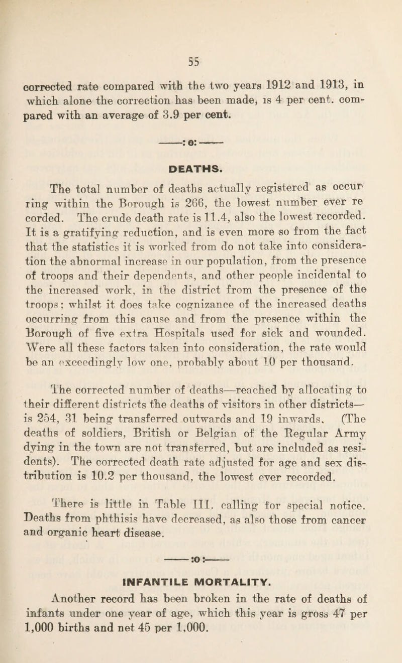 corrected rate compared with the two years 1912 and 1913, in which alone the correction has been made, is 4 per cent, com¬ pared with an average of 3.9 per cent. -: o:-- DEATHS. The total number of deaths actually registered as occur' ring within the Borough is 266, the lowest number ever re corded. The crude death rate is 11.4, also the lowest recorded. It is a gratifying reduction, and is even more so from the fact that the statistics it is worked from do not take into considera¬ tion the abnormal increase in our population, from the presence of troops and their dependents, and other people incidental to the increased work, in the district from the presence of the troops: whilst it does take cognizance of the increased deaths occurring from this cause and from the presence within the Borough of five extra Hospitals used for sick and wounded. Were all these factors taken into consideration, the rate would be an exceedingly low one, probably about 10 per thousand. The corrected number of deaths—reached by allocating to their different districts the deaths of visitors in other districts— is 254, 31 being transferred outwards and 19 inwards. (The deaths of soldiers, British or Belgian of the Regular Army dying in the town are not transferred, but are included as resi¬ dents). The corrected death rate adjusted for age and sex dis¬ tribution is 10.2 per thousand, the lowest ever recorded. There is little in Table III. calling for special notice. Deaths from phthisis have decreased, as also those from cancer and organic heart disease. -:o:- INFANTILE MORTALITY. Another record has been broken in the rate of deaths of infants under one year of age, which this year is gross 47 per 1,000 births and net 45 per 1,000.