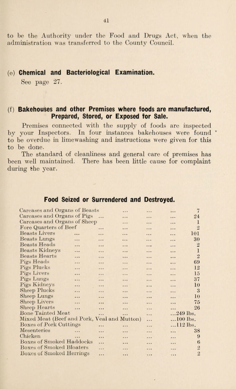 to be the Authority under the Food and Drugs Act, when the administration was transferred to the County Council. (e) Chemical and Bacteriological Examination. See page 27. (f) Bakehouses and other Premises where foods are manufactured, Prepared, Stored, or Exposed for Sale. Premises connected with the supply of foods are inspected by your Inspectors. In four instances bakehouses were found * to be overdue in limewashing and instructions were given for this to be done. The standard of cleanliness and general care of premises has been well maintained. There has been little cause for complaint during the year. Food Seized or Surrendered and Destroyed. Carcases and Organs of Beasts Carcases and Organs of Pigs . Carcases and Organs of Sheep Fore Quarters of Beef Beasts Livers Beasts Lungs Beasts Heads Beasts Kidneys Beasts Hearts Pigs Heads Pigs Plucks Pigs Livers Pigs Lungs Pigs Kidneys Sheep Plucks Sheep Lungs Sheep Livers Sheep Hearts Bone Tainted Meat Mixed Meat (Beef and Pork, Veal and Mutton) Boxes of Pork Cuttings Mesenteries Chicken Boxes of Smoked Haddocks Boxes of Smoked Bloaters Boxes of Smoked Herrings 7 24 1 2 101 30 2 1 2 69 12 15 37 10 3 10 75 26 249 lbs. 100 lbs. 112 lbs. 38 9 6 2 2