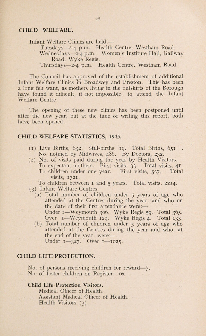 CHILD WELFARE. Infant Welfare Clinics are held:— Tuesdays—2-4 p.m. Health Centre, Westham Road. Wednesdays—2-4 p.m. Women's Institute Hall, Gallway Road, Wyke Regis. Thursdays—2-4 p.m. Health Centre, Westham Road. The Council has approved of the establishment of additional Infant Welfare Clinics in Broadwey and Preston. This has been a long felt want, as mothers living in the outskirts of the Borough have found it difficult, if not impossible, to attend the Infant Welfare Centre. The opening of these new clinics has been postponed until after the new year, but at the time of writing this report, both have been opened. CHILD WELFARE STATISTICS, 1945. (1) Live Births, 632. Still-births, 19. Total Births, 651 No. notified by Midwives, 486. By Doctors, 232. (2) No. of visits paid during the year by Health Visitors. To expectant mothers. First visits, 33. Total visits, 41. To children under one year. First visits, 527. Total visits, 1721. To children between 1 and 5 years. Total visits, 2214. (3) Infant Welfare Centres. (a) Total number of children under 5 years of age who attended at the Centres during the year, and who on the date of their first attendance were:— Under 1—Weymouth 306. Wyke Regis 59. Total 365. Over 1—Weymouth 129. Wyke Regis 4. Total 133. (b) Total number of children under 5 years of age who attended at the Centres during the year and who, at the end of the year, were:— Under 1—327. Over 1—1025. CHILD LIFE PROTECTION. No. of persons receiving children for reward—7. No. of foster children on Register—10. Child Life Protection Visitors. Medical Officer of Health. Assistant Medical Officer of Health. Health Visitors (3).