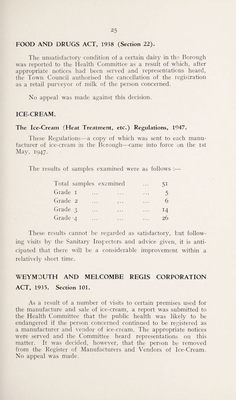 FOOD AND DRUGS ACT, 1938 (Section 22). The unsatisfactory condition of a certain dairy in the Borough was reported to the Health Committee as a result of which, after appropriate notices had been served and representations heard, the Town Council authorised the cancellation of the registration as a retail purveyor of milk of the person concerned. No appeal was made against this decision. ICE-CREAM. The Ice-Cream (Heat Treatment, etc.) Regulations, 1947. These Regulations—a copy of which was sent to each manu¬ facturer of ice-cream in the Borough—came into force on the ist May, 1947. The results of samples examined were as follows :— Total samples examined 5i 5 6 Grade 1 Grade 2 Grade 3 Grade 4 14 26 These results cannot be regarded as satisfactory, but follow¬ ing visits by the Sanitary Inspectors and advice given, it is anti¬ cipated that there will be a considerable improvement within a relatively short time. WEYMOUTH AND MELCOMBE REGIS CORPORATION ACT, 1935. Section 101. As a result of a number of visits to certain premises used for the manufacture and sale of ice-cream, a report was submitted to the Health Committee that the public health was likely to be endangered if the person concerned continued to be registered as a manufacturer and vendor of ice-cream. The appropriate notices were served and the Committee heard representations on this matter. It was decided, however, that the person be removed from the Register of Manufacturers and Vendors of Ice-Cream. No appeal was made.