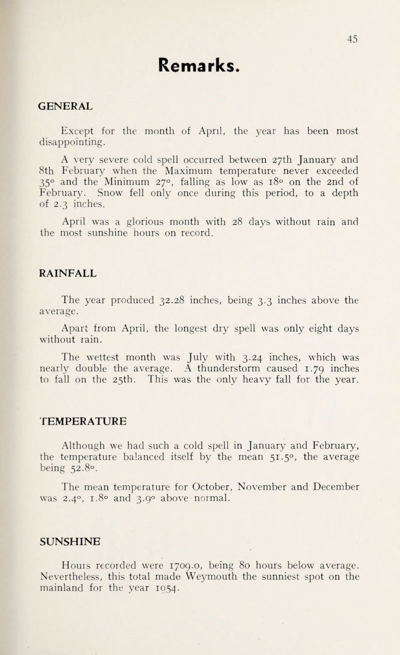 Remarks. GENERAL Except for the month of April, the year has been most disappointing. A very severe cold spell occurred between 27th January and 8th February when the Maximum temperature never exceeded 350 and the Minimum 270, falling as low as 180 on the 2nd of February. Snow fell only once during this period, to a depth of 2.3 inches. April was a glorious month with 28 days without rain and the most sunshine hours on record. RAINFALL The year produced 32.28 inches, being 3.3 inches above the average. Apart from April, the longest dry spell was only eight days without rain. The wettest month was July with 3.24 inches, which was nearly double the average. A thunderstorm caused 1.79 inches to fall on the 25th. This was the only heavy fall for the year. TEMPERATURE Although we had such a cold spell in January and February, the temperature balanced itself by the mean 51.50, the average being 52.8°. The mean temperature for October, November and December was 2.40, i.8° and 3.90 above normal. SUNSHINE Hours recorded were 1709.0, being 80 hours below average. Nevertheless, this total made Weymouth the sunniest spot on the mainland for the year 1954.
