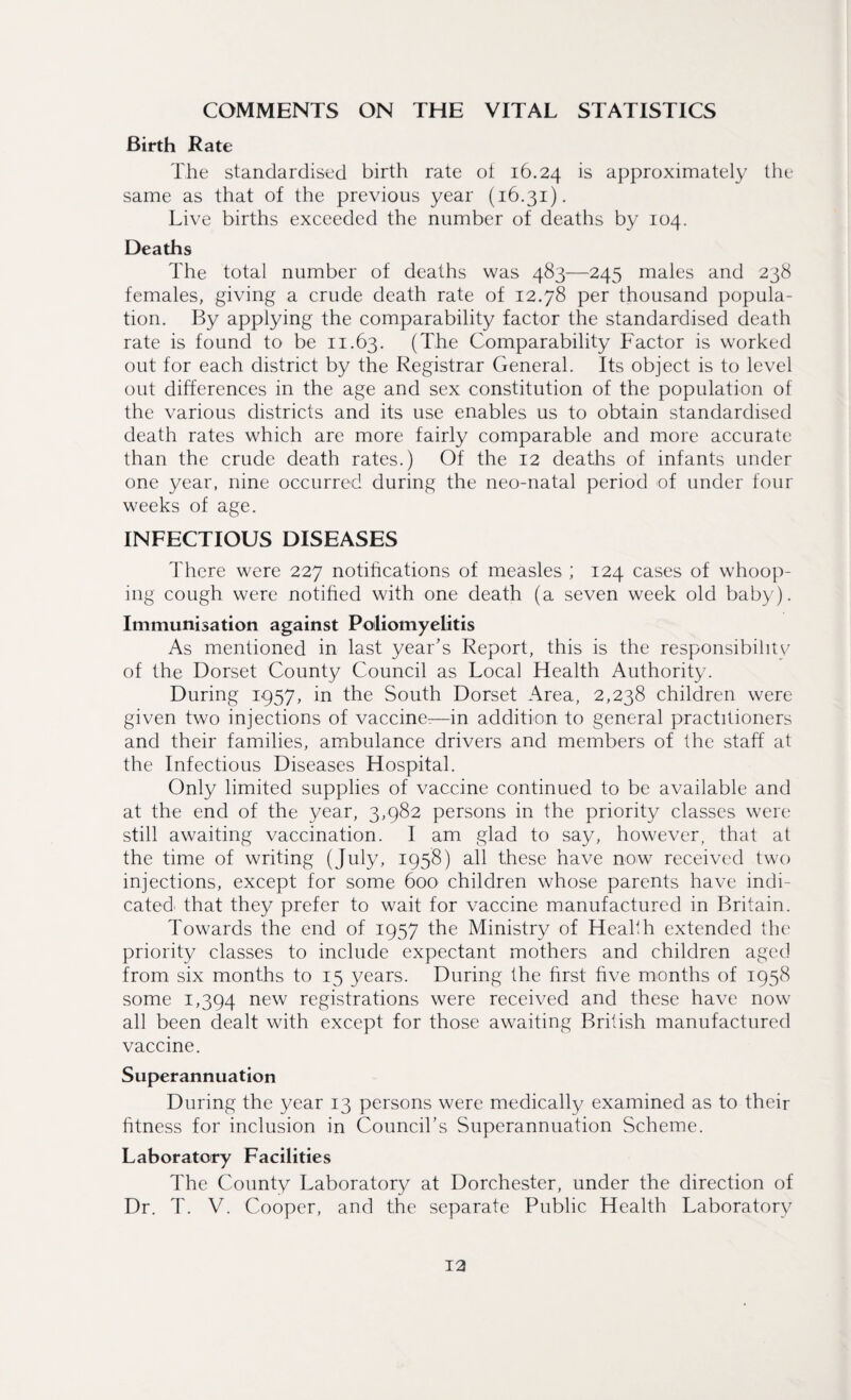 COMMENTS ON THE VITAL STATISTICS Birth Rate The standardised birth rate ot 16.24 *s approximately the same as that of the previous year (16.31). Live births exceeded the number of deaths by 104. Deaths The total number of deaths was 483—245 males and 238 females, giving a crude death rate of 12.78 per thousand popula¬ tion. By applying the comparability factor the standardised death rate is found to be 11.63. (The Comparability Factor is worked out for each district by the Registrar General. Its object is to level out differences in the age and sex constitution of the population of the various districts and its use enables us to obtain standardised death rates which are more fairly comparable and more accurate than the crude death rates.) Of the 12 deaths of infants under one year, nine occurred during the neo-natal period of under four weeks of age. INFECTIOUS DISEASES There were 227 notifications of measles ; 124 cases of whoop¬ ing cough were notified with one death (a seven week old baby). Immunisation against Poliomyelitis As mentioned in last year’s Report, this is the responsibility of the Dorset County Council as Local Health Authority. During 1957, in the South Dorset Area, 2,238 children were given two injections of vaccine.—in addition to general practitioners and their families, ambulance drivers and members of the staff at the Infectious Diseases Hospital. Only limited supplies of vaccine continued to be available and at the end of the year, 3,982 persons in the priority classes were still awaiting vaccination. I am glad to say, however, that at the time of writing (July, 1958) all these have now received two injections, except for some 600 children whose parents have indi¬ cated that they prefer to wait for vaccine manufactured in Britain. Towards the end of 1957 the Ministry of Health extended the priority classes to include expectant mothers and children aged from six months to 15 years. During the first five months of 1958 some 1,394 new registrations were received and these have now all been dealt with except for those awaiting British manufactured vaccine. Superannuation During the year 13 persons were medically examined as to their fitness for inclusion in Council’s Superannuation Scheme. Laboratory Facilities The County Laboratory at Dorchester, under the direction of Dr. T. V. Cooper, and the separate Public Health Laboratory