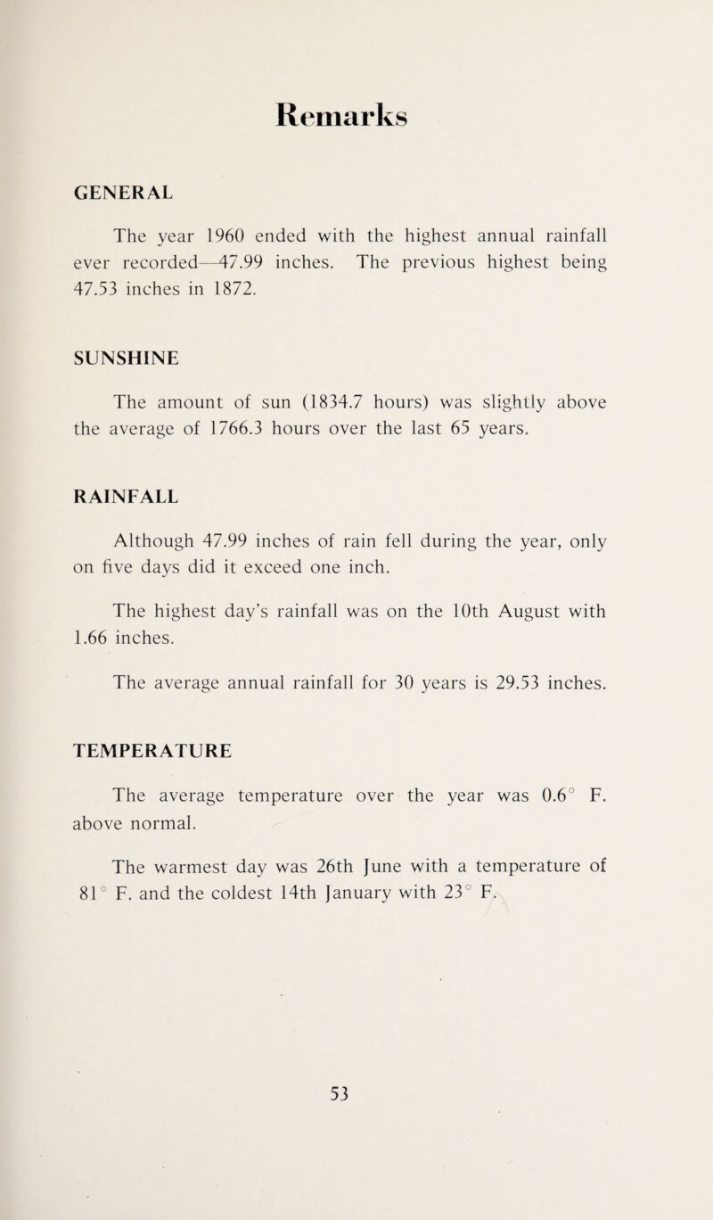 Remarks GENERAL The year 1960 ended with the highest annual rainfall ever recorded—47.99 inches. The previous highest being 47.53 inches in 1872. SUNSHINE The amount of sun (1834.7 hours) was slightly above the average of 1766.3 hours over the last 65 years. RAINFALL Although 47.99 inches of rain fell during the year, only on five days did it exceed one inch. The highest day’s rainfall was on the 10th August with 1.66 inches. The average annual rainfall for 30 years is 29.53 inches. TEMPERATURE The average temperature over the year was 0.6 F. above normal. The warmest day was 26th June with a temperature of 81° F. and the coldest 14th January with 23° F.