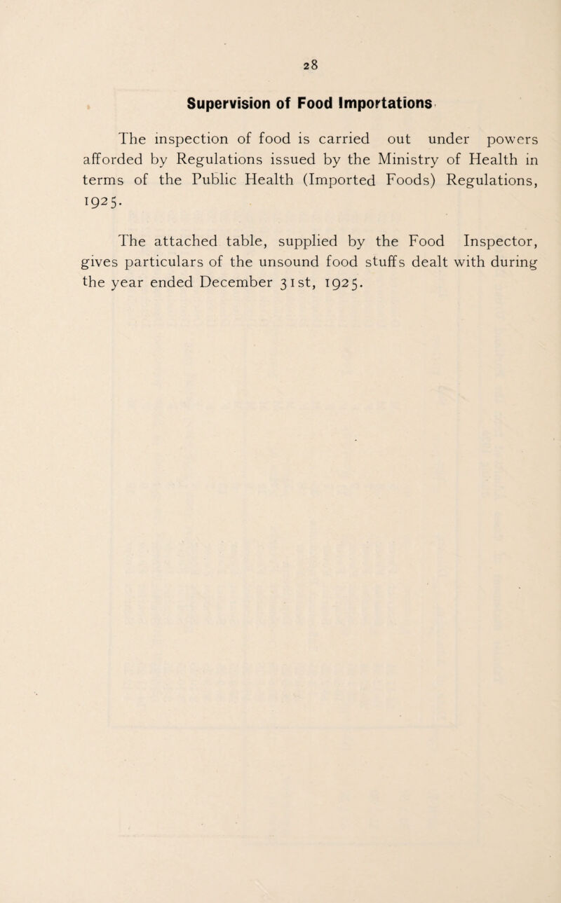 Supervision of Food Importations The inspection of food is carried out under powers afforded by Regulations issued by the Ministry of Health in terms of the Public Health (Imported Foods) Regulations, 1925. The attached table, supplied by the Food Inspector, gives particulars of the unsound food stuffs dealt with during the year ended December 31st, 1925.