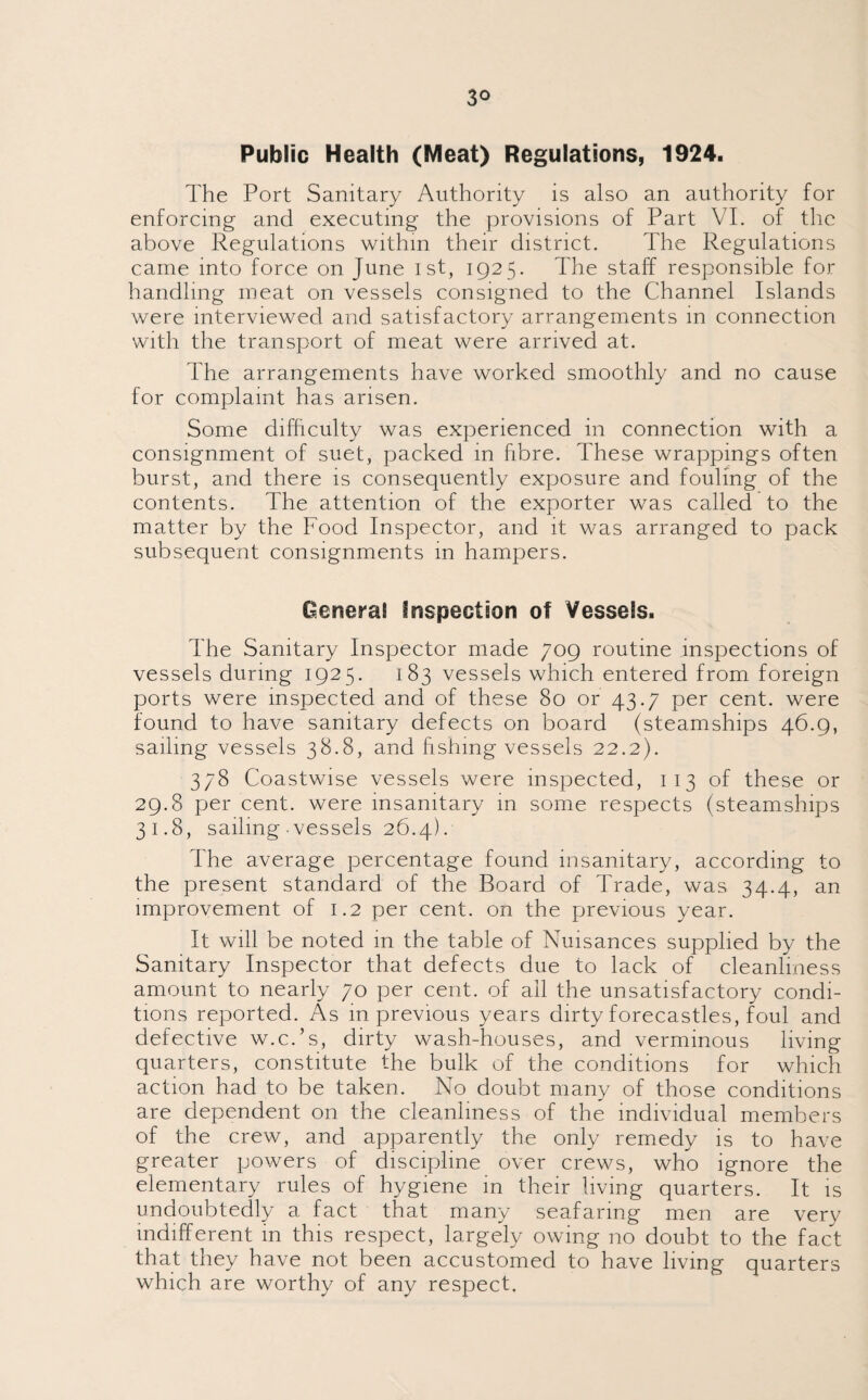 3° Public Health (Meat) Regulations, 1924. The Port Sanitary Authority is also an authority for enforcing and executing the provisions of Part VI. of the above Regulations within their district. The Regulations came into force on June ist, 1925. The staff responsible for handling meat on vessels consigned to the Channel Islands were interviewed and satisfactory arrangements in connection with the transport of meat were arrived at. The arrangements have worked smoothly and no cause for complaint has arisen. Some difficulty was experienced in connection with a consignment of suet, packed in fibre. These wrappings often burst, and there is consequently exposure and fouling of the contents. The attention of the exporter was called to the matter by the Food Inspector, and it was arranged to pack subsequent consignments in hampers. General inspection of Vessels. The Sanitary Inspector made 709 routine inspections of vessels during 1925. 183 vessels which entered from foreign ports were inspected and of these 80 or 43.7 per cent, were found to have sanitary defects on board (steamships 46.9, sailing vessels 38.8, and fishing vessels 22.2). 378 Coastwise vessels were inspected, 113 of these or 29.8 per cent, were insanitary in some respects (steamships 31.8, sailing-vessels 26.4). The average percentage found insanitary, according to the present standard of the Board of Trade, was 34.4, an improvement of 1.2 per cent, on the previous year. It will be noted in the table of Nuisances supplied by the Sanitary Inspector that defects due to lack of cleanliness amount to nearly 70 per cent, of ail the unsatisfactory condi¬ tions reported. As in previous years dirty forecastles, foul and defective w.c.’s, dirty wash-houses, and verminous living quarters, constitute the bulk of the conditions for which action had to be taken. No doubt many of those conditions are dependent on the cleanliness of the individual members of the crew, and apparently the only remedy is to have greater powers of discipline over crews, who ignore the elementary rules of hygiene in their living quarters. It is undoubtedly a fact that many seafaring men are very indifferent in this respect, largely owing no doubt to the fact that they have not been accustomed to have living quarters which are worthy of any respect.