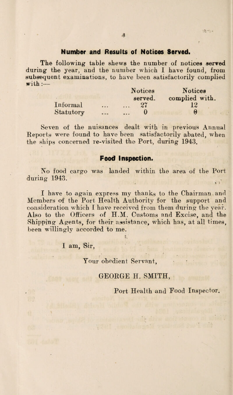 Number and Results of Notices Served. The following table shews the number of notices served during the year, and the number which I have found, from subsequent examinations, to have been .satisfactorily complied with:— Informal Statutory Notices served. 27 0 Notices complied with. 12 0 Seven of the nuisances dealt with in previous Annual Reports' were found to have been satisfactorily abated, when the ships concerned re-visited the Port, during 1943. Food Inspection. No food cargo was landed within the area of the Port during' 1943. • ^ * » I have to again express my thanks to the Chairman. and Members of the Port Health Authority for the support and consideration which I have received from them during the year. Also to the Officers of H.M. Customs and Excise, and the Shipping Agents, for their assistance, which has, at all times, been willingly accorded to me. I am, 'Sir, Tour obedient Servant, GEORGE H. SMITH, Port Health and Eood Inspector.