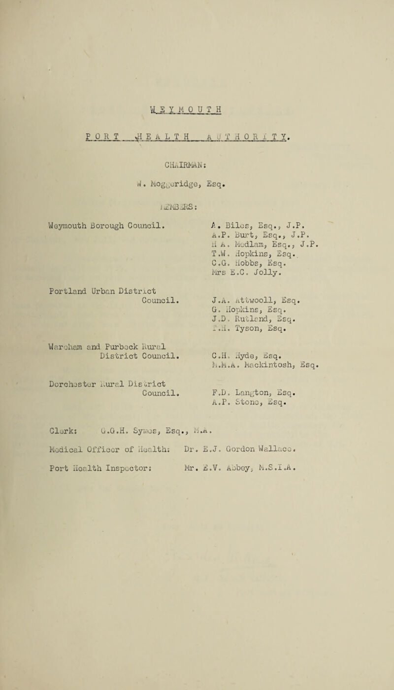 PORT HSIMQUTH HEALTH A u T HORil!. CHAIRMAN s W. Moggoridge, Esq. i jEMB ERS: Weymouth Borough Council. Portland Urban District Council. Waroham and Purbock Rural District Council. Dorchostor Rural District Council. Clerks U.G.H. Symes, Esq Modical Officer of Health; Port Health Inspectors A. Biles, Esq., J.P. A.P . Burt, Esq., J. ,P. ii A o Medians, Esq., J.P T.W . Hopkins, Esq. C.G . Hobbs, Esq. Mrs E.C. Jolly. J. A . Attwooll, Esq, • G. j Hopkins, Esq. J.D . Rutland, Esq. T .H . Tyson, Esq. C.H . Hyde, Esq. M.M .A. Mackintosh, Esq F.D . Langton, Esq. A.P . Stone, Esq. Dr. E.J. Gordon Wallace. Mr. E.V. Abbey; M.S.I.A.