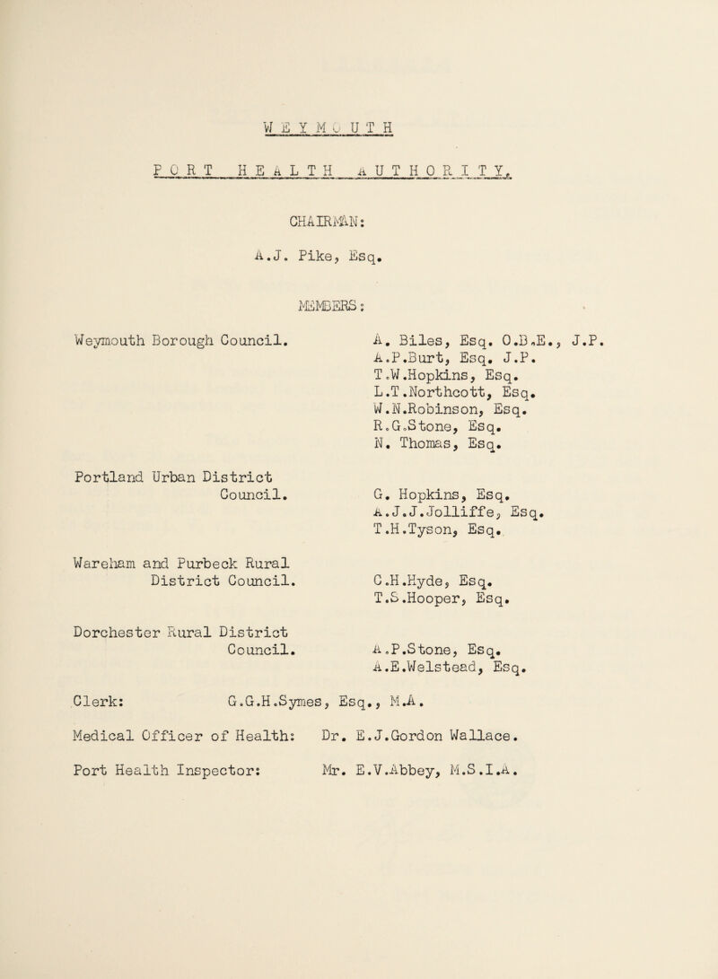 W EIMO UTH FORT HEALTH AUTHORITY CHAIRMAN: A.J. Pike, Esq. MEMBERS: Weymouth Borough Council. A. Biles, Esq. O.B*E A. P.Burt, Esq. J.P. TcW.Hopkins, Esq. L.T .Northcott, Esq. W.N.Robinson, Esq. RoGcStone, Esq. N. Thomas, Esq. Portland Urban District Council. G. Hopkins, Esq. A.J.J.Jolliffe, Esq. T.H.Tyson, Esq. Ware ham and Purbeck Rural District Council. C.H.Hyde, Esq. T.S.Hooper, Esq. Dorchester Rural District Council. A 0P.Stone, Esq. A.E.Welstead, Esq. Clerk: G.G.H.Symes, Esq., M.A. J.P. Medical Officer of Healths Port Health Inspector: Dr. E.J.Gordon Wallace. Mr. E.V.Abbey, M.S.I.A.