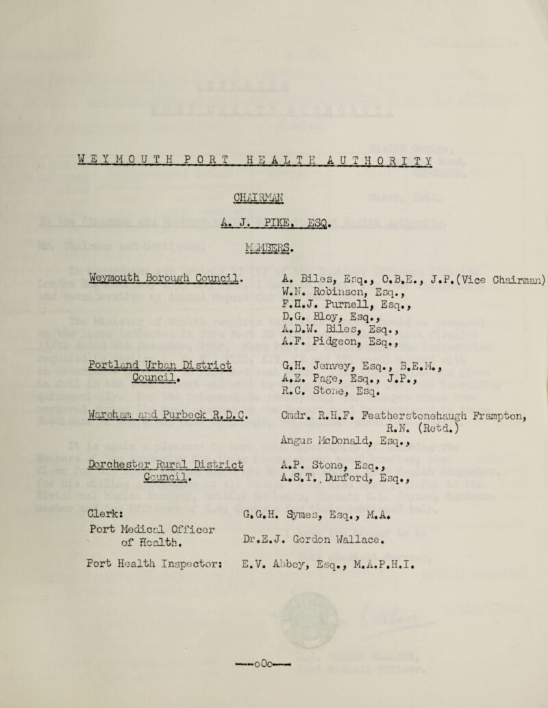 w E Y M 0 U T H PORT HEALTH A UTHO HIT Y CHAIRMAH A. J. PIKE. ESQ. KMm&. Weymouth Borough Council. Portland Urban District Council. War eh car, and Pur bock R. D, C. Dorchestor Rural District Council, A, Biles, Esq,, 0,B,E., J.P,(Vice Chairman) W.N. Robinson, Esq., F. H.J. Purnell, Esq,, D,G, Bloy, Esq,, A.D.W. Biles, Esq., A.F. Pidgeon, Esq,, G, H. Jenvey, Esq., 3.E.M., A,S. Page, Esq,, J.P., R.C. Stone, Esq, Cmdr. R.H.F, Featherstonehaugh Frampton, R.N. (Retd.) Angus McDonald, Esq., A.P. Stone, Esq., A*S.T..Dunford, Esq., Clerks G.G.H. SJymes, Esq., M.A, Port Medical Officer of Health. Dr.E.J. Gordon Wallace. Port Health Inspector: E.V. Abbey, Esq., M.A.P.H.I. -oOc'