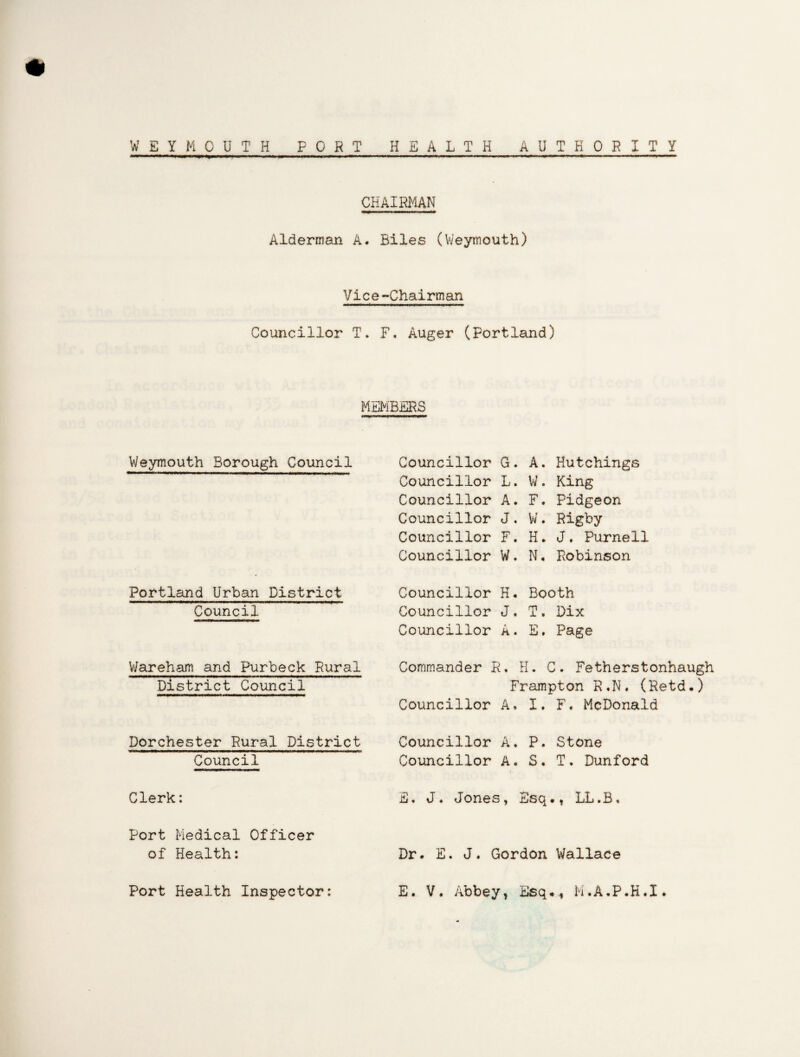 CHAIRMAN Alderman A. Biles (Weymouth) Vice-Chairman Councillor T. F. Auger (Portland) MEMBERS Weymouth Borough Council Portland Urban District Council Councillor G. A. Hutchings Councillor L. W. King Councillor A. F. Pidgeon Councillor J. W. Rigby Councillor F. H. J, Purnell Councillor W. N. Robinson Councillor H. Booth Councillor J. T. Dix Councillor A. E. Page Wareham and Purbeck Rural District Council Commander R, H. C. Fetherstonhaugh Frampton R,N. (Retd.) Councillor A, I. F. McDonald Dorchester Rural District Council Clerk: Port Medical Officer of Health: Port Health Inspector: Councillor A. P. Stone Councillor A. S. T. Dunford E. J. Jones, Esq., LL.B. Dr. E. J. Gordon Wallace E. V. Abbey, Esq., M.A.P.H.I.