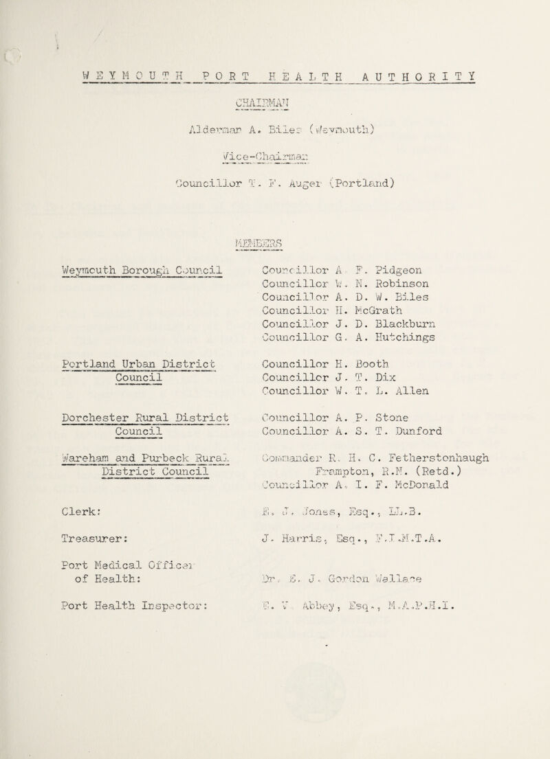 CHAIRMAN Alderman Ac Biles (We-vnouth) \f i c©—0 hai r m am Councillor T. I'* Auger (.Portland) ,S Weymouth Borough Council Portland Urban Pisirlet Council Dorchester Rural District Council Councillor A i-1 F. Pidgeon Councillor W. K. Robinson Councillor A, D. W. Biles Councillor II. McGrath Councillor J. D. Blackburn Councillor G. A. Hutchings Councillor H. Booth Councillor J. T> Dix Councillor W. T, L. Allen Councillor A. P. Stone Councillor A. S. T. Dunford Pare ham and Purbeck Ruraj. District Council Commander R. H. C. Fetherstonhaugh Frampto n, R. N. (Retd.) Councillor A, I. F. McDonald Clerk: Treasurer: Port Medical Officer of Health: Port Health Inspector: Fio J. Jones, Esq., LLrB. J, Harris, Esq., F,T AT .T.A Dr. u, J.. Gordon Wa Here v,”l * C* ' o v Ab b e y , E s q«., M. A - P. H. I