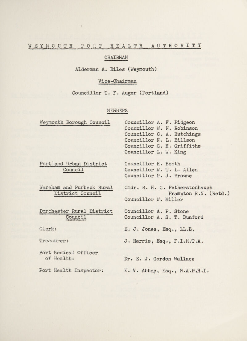 / WEYMOUTH P 0 ,1 T HEALTH AUTHORITY CHAIRMAN Alderman A. Biles (Weymouth) Vice-Chairman Councillor T. F. Auger (Portland) MEMBERS Weymouth Borough Council Portland Urban District Council Councillor A. Councillor W. Councillor C. Councillor N. Councillor G. Councillor L. Councillor H. Councillor W. Councillor P. F. Pidgeon N. Robinson A. Hutchings L. Billson H. Griffiths W. King Booth T. L. Allen J * Browne Wareham and Purbeck Rural District Council Cmdr. R. H. C. Fetherstonhaugh Frampton R.N. (Retd*) Councillor W. Miller Dorchester Rural District Council Clerk: Treasurer: Port Medical Officer of Health: Port Health Inspector: Councillor A. P. Stone Councillor A. S. T. Dunford E. J. Jones, Esq., LB.B. J. Harris, Esq., F.1.T.A. Dr. E. J. Gordon Wallace E. V. Abbey, Esq., M.A.P.H.I.