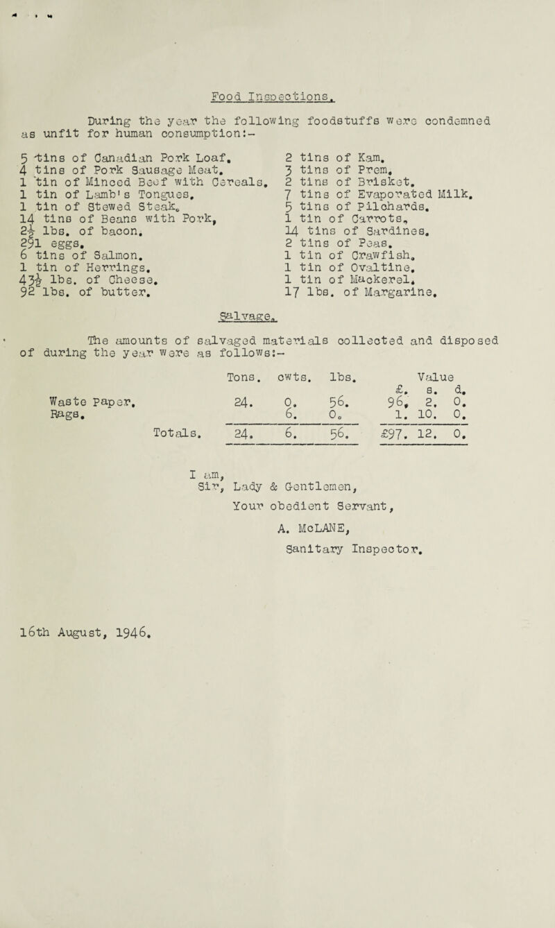 Food Inspections. During the year the following foodstuffs were condemned as unfit for human consumption 5 tins of Canadian Pork Loaf, 4 tins of Pork Sausage Meat, 1 tin of Minced Beef with Cereals, 1 tin of Lamb's Tongues, 1 tin of Stewed Steak, 14 tins of Beans with Pork, lbs. of bacon, 291 eggs. 6 tins of Salmon, 1 tin of Herrings, 43i lbs, of Cheese, 92 lbs. of butter. Salvage, The amounts of salvaged materials collected and disposed of during the year were as followss- Tons. owts. lbs. Value <£ 0 S • *3-0 Waste paper. • OJ 9* 56. 96. 2. 0. Rags. 6. Oo 1. 10. 0. Totals. O C\J 6. 56. £97. 12. 0. 2 tins of Kam. 3 tins of Prem, 2 tins of Brisket. 7 tins of Evaporated Milk. 5 tins of Pilchards. 1 tin of Carrots, 14 tins of Sardines. 2 tins of Peas. 1 tin of Crawfish. 1 tin of Ovaltine, 1 tin of Mackerel* 17 lbs. of Margarine, I am, Sir, Lady & Gentlemen, Your obedient Servant, A. MeLANE, Sanitary Inspector.