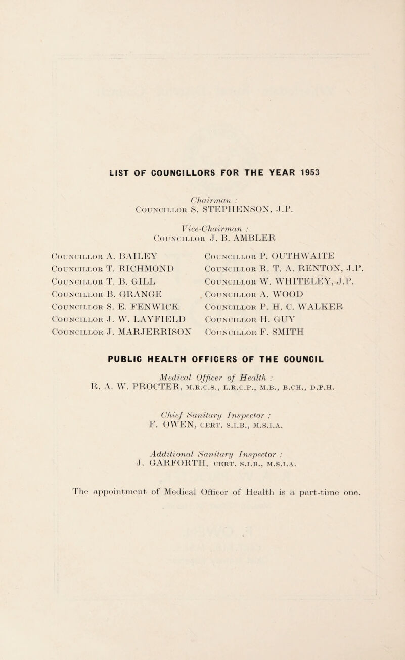 LIST OF COUNCILLORS FOR THE YEAR 1953 Chairman : Councillor S. STEPHENSON, J.P. Vice-Chairman : Councillor J. B. AMBLER Councillor A. BAILEY Councillor T. RICHMOND Councillor T. B. GILL Councillor B. GRANGE Councillor S. E. FENWICK Councillor J. W. LAYFIELD Councillor J. MARJERRISON Councillor P. OUTHWAITE Councillor R. T. A. RENTON, J.P. Councillor W. WHITELEY, J.P. Councillor A. WOOD Councillor P. H. C. WALKER Councillor H. GUY Councillor F. SMITH PUBLIC HEALTH OFFICERS OF THE COUNCIL Medical Officer of Health : R. A. W. PROCTER, m.r.c.s., l.r.c.p., m.b., b.ch., d.p.h. Chief Sanitary Inspector : F. OWEN, CERT. S.I.B., M.S.I.A. J. Additional Sanitary Inspector : GARFORTH, cert, s.t.b., m.s.i.a. The appointment of Medical Officer of Health is a part-time one.