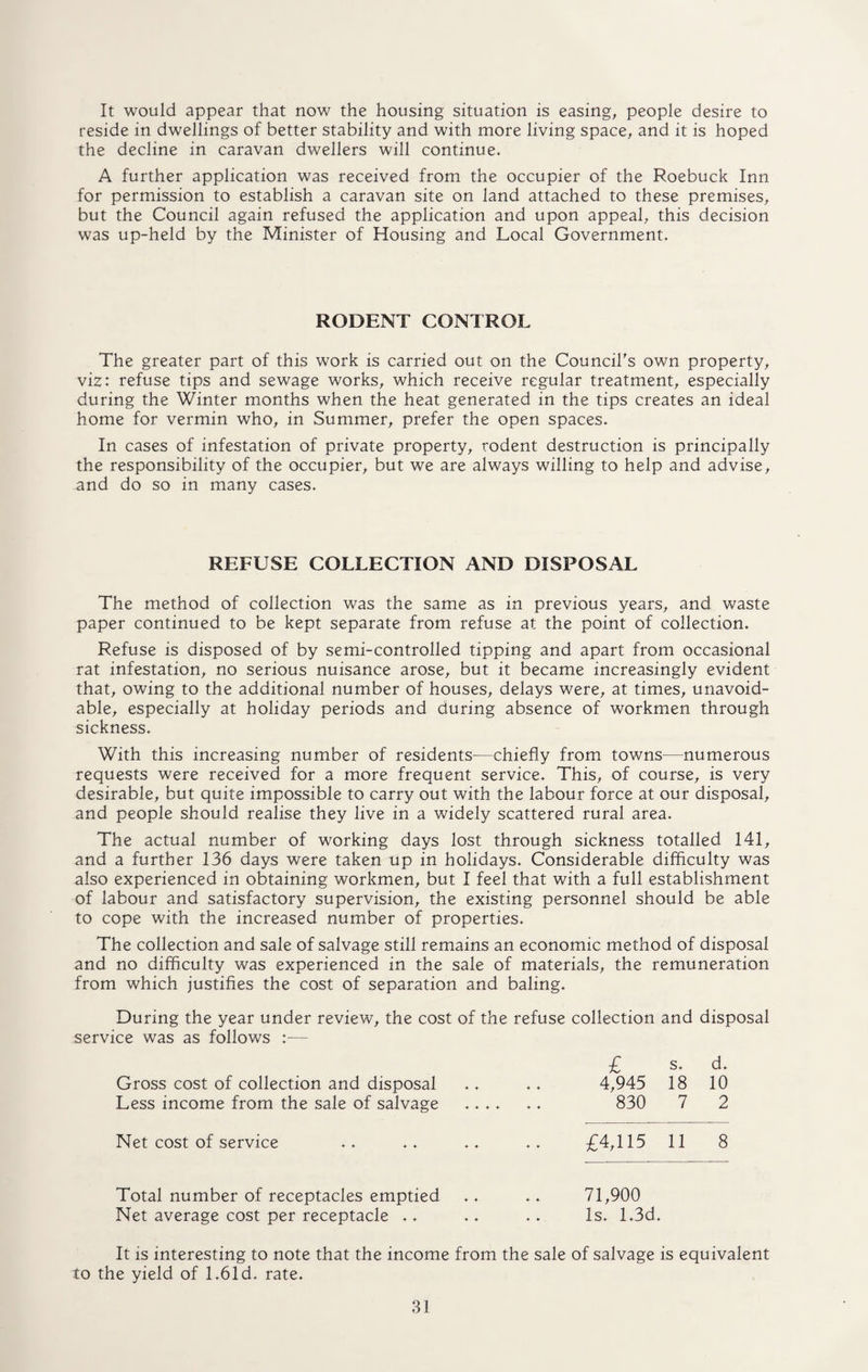 It would appear that now the housing situation is easing, people desire to reside in dwellings of better stability and with more living space, and it is hoped the decline in caravan dwellers will continue. A further application was received from the occupier of the Roebuck Inn for permission to establish a caravan site on land attached to these premises, but the Council again refused the application and upon appeal, this decision was up-held by the Minister of Housing and Local Government. RODENT CONTROL The greater part of this work is carried out on the Council's own property, viz: refuse tips and sewage works, which receive regular treatment, especially during the Winter months when the heat generated in the tips creates an ideal home for vermin who, in Summer, prefer the open spaces. In cases of infestation of private property, rodent destruction is principally the responsibility of the occupier, but we are always willing to help and advise, and do so in many cases. REFUSE COLLECTION AND DISPOSAL The method of collection was the same as in previous years, and waste paper continued to be kept separate from refuse at the point of collection. Refuse is disposed of by semi-controlled tipping and apart from occasional rat infestation, no serious nuisance arose, but it became increasingly evident that, owing to the additional number of houses, delays were, at times, unavoid¬ able, especially at holiday periods and during absence of workmen through sickness. With this increasing number of residents—chiefly from towns—numerous requests were received for a more frequent service. This, of course, is very desirable, but quite impossible to carry out with the labour force at our disposal, and people should realise they live in a widely scattered rural area. The actual number of working days lost through sickness totalled 141, and a further 136 days were taken up in holidays. Considerable difficulty was also experienced in obtaining workmen, but I feel that with a full establishment of labour and satisfactory supervision, the existing personnel should be able to cope with the increased number of properties. The collection and sale of salvage still remains an economic method of disposal and no difficulty was experienced in the sale of materials, the remuneration from which justifies the cost of separation and baling. During the year under review, the cost of the refuse collection and disposal service was as follows :— Gross cost of collection and disposal Less income from the sale of salvage £ s. d. 4,945 18 10 830 7 2 Net cost of service £4,115 11 8 Total number of receptacles emptied Net average cost per receptacle .. 71,900 Is. 1.3d. It is interesting to note that the income from the sale of salvage is equivalent to the yield of 1.61 d. rate.