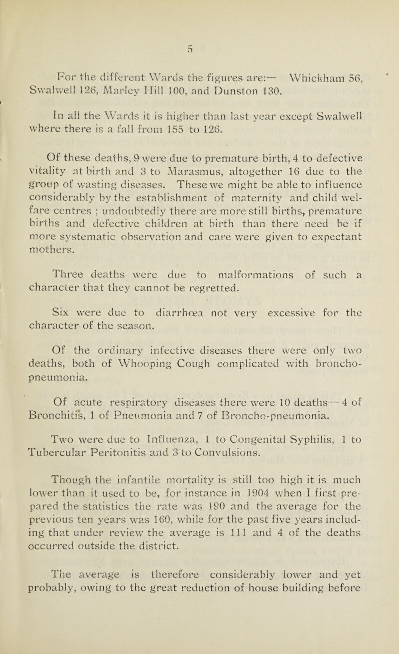 Whickham 56, For the different Wards the figures are:— Swalwell 126, Marley Hill 100, and Dunston 130. In all the Wards it is higher than last year except Swalwell where there is a fall from 155 to 126. Of these deaths, 9 were due to premature birth, 4 to defective vitality at birth and 3 to Marasmus, altogether 16 due to the group of wasting diseases. These we might be able to influence considerably by the establishment of maternity and child wel¬ fare centres ; undoubtedly there are more still births, premature births and defective children at birth than there need be if more systematic observation and care were given to expectant mothers. Three deaths were due to malformations of such a character that they cannot be regretted. Six were due to diarrhoea not very excessive for the character of the season. Of the ordinary infective diseases there were only two deaths, both of Whooping Cough complicated with broncho¬ pneumonia. Of acute respiratory diseases there were 10 deaths—4 of Bronchitis, 1 of Pneumonia and 7 of Broncho-pneumonia. Two were due to Influenza, 1 to Congenital Syphilis, 1 to Tubercular Peritonitis and 3 to Convulsions. Though the infantile mortality is still too high it is much lower than it used to be, for instance in 1904 when i first pre¬ pared the statistics the rate was 190 and the average for the previous ten years was 160, while for the past five years includ¬ ing that under review the average is 111 and 4 of the deaths occurred outside the district. The average is therefore considerably lower and yet probably, owing to the great reduction of house building before