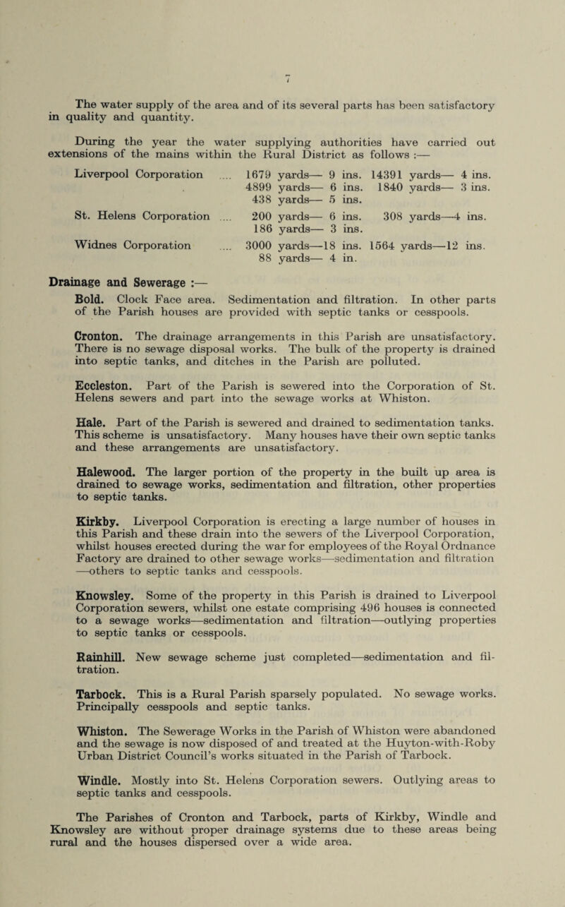 The water supply of the area and of its several parts has been satisfactory in quality and quantity. During the year the water supplying authorities have carried out extensions of the mains within the Rural District as follows :— Liverpool Corporation .... 1679 yards— 9 ins. 14391 yards— 4 ins. 4899 yards— 6 ins. 1840 yards— 3 ins. 438 yards— 5 ins. St. Helens Corporation .... 200 yards— 6 ins. 308 yards—4 ins. 186 yards— 3 ins. Widnes Corporation .... 3000 yards—18 ins. 1564 yards—12 ins. 88 yards— 4 in. Drainage and Sewerage :— Bold. Clock Face area. Sedimentation and filtration. In other parts of the Parish houses are provided with septic tanks or cesspools. Cronton. The drainage arrangements in this Parish are unsatisfactory. There is no sewage disposal works. The bulk of the property is drained into septic tanks, and ditches in the Parish are polluted. Eccleston. Part of the Parish is sewered into the Corporation of St. Helens sewers and part into the sewage works at Whiston. Hale. Part of the Parish is sewered and drained to sedimentation tanks. This scheme is unsatisfactory. Many houses have their own septic tanks and these arrangements are unsatisfactory. Halewood. The larger portion of the property in the built up area is drained to sewage works, sedimentation and filtration, other properties to septic tanks. Kirkby. Liverpool Corporation is erecting a large number of houses in this Parish and these drain into the sewers of the Liverpool Corporation, whilst houses erected during the war for employees of the Royal Ordnance Factory are drained to other sewage works—sedimentation and filtration —others to septic tanks and cesspools. Knowsley. Some of the property in this Parish is drained to Liverpool Corporation sewers, whilst one estate comprising 496 houses is connected to a sewage works—sedimentation and filtration—outlying properties to septic tanks or cesspools. Rainhill. New sewage scheme just completed—sedimentation and fil¬ tration. Tarbock. This is a Rural Parish sparsely populated. No sewage works. Principally cesspools and septic tanks. Whiston. The Sewerage Works in the Parish of Whiston were abandoned and the sewage is now disposed of and treated at the Huyton-with-Roby Urban District Council’s works situated in the Parish of Tarbock. Windle. Mostly into St. Helens Corporation sewers. Outlying areas to septic tanks and cesspools. The Parishes of Cronton and Tarbock, parts of Kirkby, Windle and Knowsley are without proper drainage systems due to these areas being rural and the houses dispersed over a wide area.