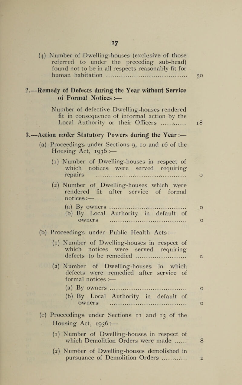 (4) Number of Dwelling-houses (exclusive of those referred to under the preceding sub-head) found not to be in all respects reasonably fit for human habitation . 50 2. —Remedy of Delects during the Year without Service of Formal Notices :— Number of defective Dwelling-houses rendered fit in consequence of informal action by the Local Authority or their Officers .1. 18 3. —Action under Statutory Powers during the Year:— (a) Proceedings under Sections 9, 10 and 16 of the Housing Act, 1936:— (1) Number of Dwelling-houses in respect of which notices were served requiring repairs ..... o (2) Number of Dwelling-houses which were rendered fit after service of formal notices:— (a) By owners .,.. o (b) By Local Authority in default of owners . o (b) Proceedings under Public Health Acts:— (1) Number of Dwelling-houses in respect of which notices were served requiring defects to be remedied . a (2) Number of Dwelling-houses in which defects were remedied after service of formal notices:— (a) By owners . o (b) By Local Authority in default of owners .. o (c) Proceedings under Sections 11 and 13 of the Housing Act, 1936 :— (1) Number of Dwelling-houses in respect of which Demolition Orders were made . 8 (2) Number of Dwelling-houses demolished in pursuance of Demolition Orders .. 2