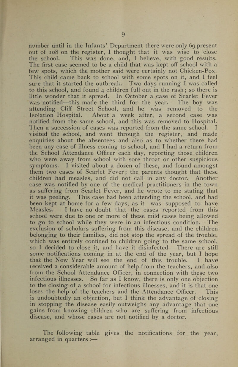 number until in the Infants’ Department there were only 69 present out of 108 on the register, I thought that it was wise to close the school. This was done, and, I believe, with good results. The first case seemed to be a child that was kept off school with a few spots, which the mother said were certainly not Chicken-Pox. This child came back to school with some spots on it, and I feel sure that it started the outbreak. Two days running I was called to this school, and found 4 children full out in the rash ; so there is little wonder that it spread. In October a case of Scarlet Fever was notified—this made the third for the year. The boy was attending Cliff Street School, and he was removed to the Isolation Hospital. About a week after, a second case was notified from the same school, and this was removed to Hospital. Then a succession of cases was reported from the same school. I \ isited the school, and went through the register, and made enquiries about the absentees and also as to whether there had been any case of illness coming to school, and I had a return from the School Attendance Officer each day, reporting those children who were away from school with sore throat or other suspicious symptoms. I visited about a dozen of these, and found amongst them two cases of Scarlet Fever; the parents thought that these children had measles, and did not call in any doctor. Another case was notified by one of the medical practitioners in the town as suffering from Scarlet Fever, and he wrote to me stating that it was peeling. This case had been attending the school, and had been kept at home for a few days, as it was supposed to have Measles. I have no doubt that the cases reported from this school were due to one or more of these mild cases being allowed to go to school while they were in an infectious condition. The exclusion of scholars suffering from this disease, and the children belonging to their families, did not stop the spread of the trouble, which was entirely confined to children going to the same school, so I decided to close it, and have it disinfected. There are still some notifications coming in at the end of the year, but I hope that the New Year will see the end of this trouble. I have leceived a considerable amount of help from the teachers, and also lrom the School Attendance Officer, in connection with these two infectious illnesses. So far as I know, there is only one objection to the closing of a school for infectious illnesses, and it is that one loses the help of the teachers and the Attendance Officer. This is undoubtedly an objection, but I think the advantage of closing in stopping the disease easily outweighs any advantage that one gains from knowing children who are suffering from infectious disease, and whose cases are not notified by a doctor. The following table gives the notifications for the year, arranged in quarters :—