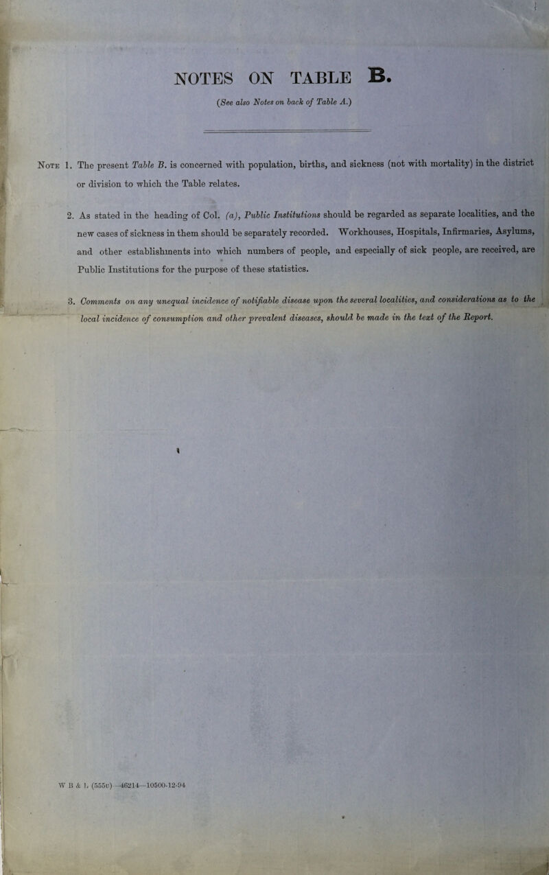 ! NOTES ON TABLE B. (See also Notes on back of Table A.) Note 1. Tlie present Table B. is concerned with population, births, and sickness (not with mortality) in the district or division to which the Table relates. 2. As stated in the heading of Col. (a), Public Institutions should be regarded as separate localities, and the new cases of sickness in them should be separately recorded. Workhouses, Hospitals, Infirmaries, Asylums, and other establishments into which numbers of people, and especially of sick people, are received, are Public Institutions for the purpose of these statistics. 3. Comments on any unequal incidence of notifiable disease upon the several localities, and considerations as to the local incidence of consumption and other prevalent diseases, should, be made in the text of the Report. i