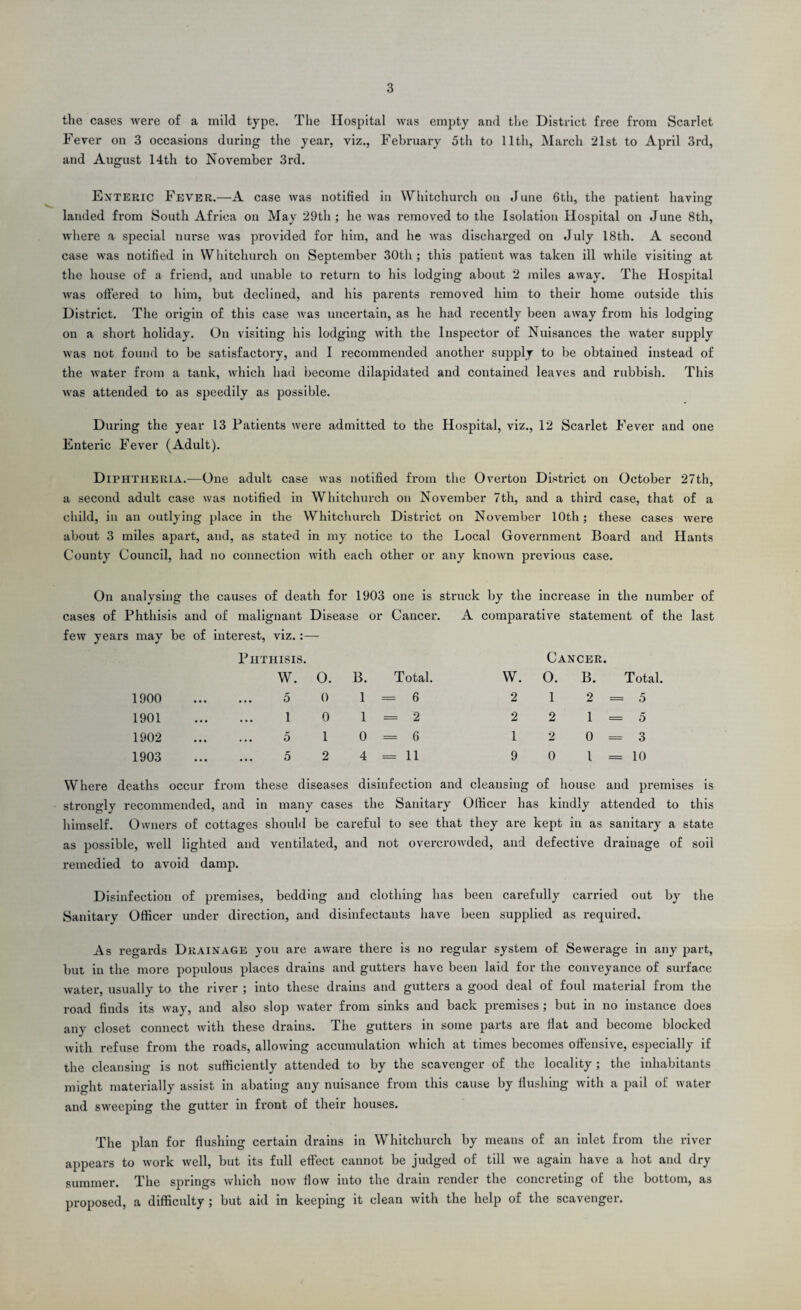 the cases were of a mild type. The Hospital was empty and the District free from Scarlet Fever on 3 occasions during the year, viz., February 5th to lltli, March 21st to April 3rd, and August 14th to November 3rd. Enteric Fever.—A case was notified in Whitchurch on June 6th, the patient having landed from South Africa on May 29th ; he was removed to the Isolation Hospital on June 8th, ■where a special nurse was provided for him, and he was discharged on July 18th. A second case was notified in Whitchurch on September 30th; this patient was taken ill while visiting at the house of a friend, and unable to return to his lodging about 2 miles away. The Hospital was offered to him, but declined, and his parents removed him to their home outside this District. The origin of this case was uncertain, as he had recently been away from his lodging on a short holiday. On visiting his lodging with the Inspector of Nuisances the water supply was not found to be satisfactory, and I recommended another supply to be obtained instead of the water from a tank, which had become dilapidated and contained leaves and rubbish. This was attended to as speedily as possible. During the year 13 Patients were admitted to the Hospital, viz., 12 Scarlet Fever and one Enteric Fever (Adult). Diphtheria.-—One adult case was notified from the Overton District on October 27th, a second adult case was notified in Whitchurch on November 7th, and a third case, that of a child, in an outlying place in the Whitchurch District on November 10th; these cases were about 3 miles apart, and, as stated in my notice to the Local Government Board and Hants County Council, had no connection with each other or any known previous case. On analysing the causes of death for 1903 one is struck by the increase in the number of cases of Phthisis and of malignant few years may be of interest, viz. Phthisis. Disease or Cancer. A comparative statement of the last Cancer. W. O. B. Total. W. 0. B. Total. 1900 . 5 0 1 = 6 2 1 2 = 5 1901 . 1 0 1 = 2 2 2 1 = 5 1902 ... ... 5 1 0 = 6 1 2 0 = 3 1903 . 5 2 4 = 11 9 0 1 = 10 Where deaths occur from these diseases disinfection and cleansing of 1 house and premises is strongly recommended, and in many cases the Sanitary Officer has kindly attended to this himself. Owners of cottages should be careful to see that they are kept in as sanitary a state as possible, well lighted and ventilated, and not overcrowded, and defective drainage of soil remedied to avoid damp. Disinfection of premises, bedding and clothing has been carefully carried out by the Sanitary Officer under direction, and disinfectants have been supplied as required. As regards Drainage you are aware there is no regular system of Sewerage in any part, but in the more populous places drains and gutters have been laid for the conveyance of surface water, usually to the river ; into these drains and gutters a good deal of foul material from the road finds its way, and also slop water from sinks and back premises; but in no instance does any closet connect with these drains. The gutters in some parts are Hat and become blocked with refuse from the roads, allowing accumulation which at times becomes offensive, especially if the cleansing is not sufficiently attended to by the scavenger of the locality; the inhabitants might materially assist in abating any nuisance from this cause by flushing with a pail of water and sweeping the gutter in front of their houses. The plan for flushing certain drains in Whitchurch by means of an inlet from the river appears to work well, but its full effect cannot be judged of till we again have a hot and dry summer. The springs which now flow into the drain render the concreting of the bottom, as proposed, a difficulty; but aid in keeping it clean with the help of the scavenger.