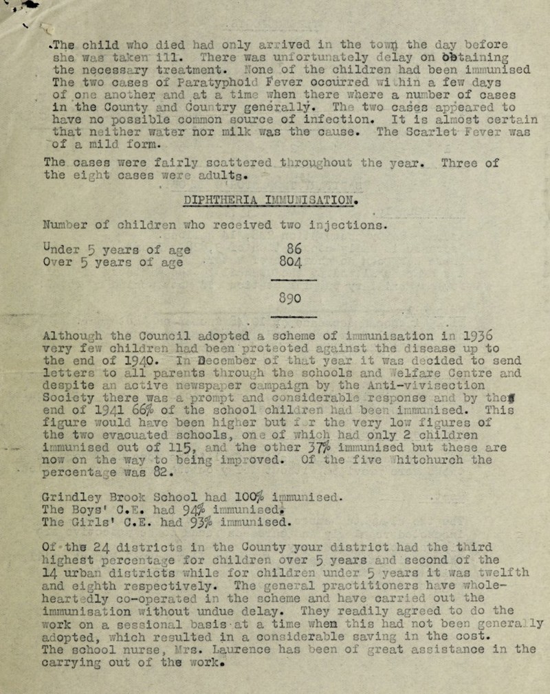 V -The child who died had only arrived in the ton# the day before she was taken ill. There was unfortunately delay on Obtaining the necessary treatment, .'one of the children had been immunised The two cases of Paratyphoid Fever occurred ;i hin a few days of one another and at a time when there where a number of cases in the County and Cou try generally. Th two cases appeared to have no possible common source of infection. It is almost certain that n ither water nor milk was the cause. The Scarlet Fever was of a mild form. The cases were fairly scattered t.rou hout the year. Three of the eight cases were adults* i diphtheria r:::u igatiqn. « Numoer of children ,who rec eived two i jeetions. ^nder 5 years of age 86 Over 5 years of age 804 890 Although the Council adopted a scheme of 1 aunisation in 1936 very few children had been'protected against the disease up to the end of 1940* In December of that year it was decided to send letters to all pare ts t trough the schools and elfare Centre and despite an active newspaper campaign by the Anti-vivisection Society there was a prompt and considerable response and by thef end of 134I 66$ of the school children had been immunised. This figure would have been higwer but f r the very low figures of the two evacuated schools^ one of which had only 2 children immunised out of 115, and the other 37$ immunised but these are now on the way to being improved. Of the five hitohurch the peroenta e was 82. Grindley Brook School had 100$ iinmu ised- The Boys' C# . had 94$ 1 mir.iwed# The Girls’ C.E. had 93$ immunised. Ox the 24 district- in the County your district had the t drd highest percentage for children over 5 years and second of the 14 urban; districts while for children under 5 years it was twelfth and eighth respectively. The general practitioners have wl ole- heart edly co-operated in the scheme and have carried out the immunisation without undue delay. They readily agreed to do the work on a sessional basis-at a time when this had not been genera ly adopted, which resulted in a considerable saving in the cost. The school nurse, 'Trs. Laurence has been of reat assistance in the carrying out of the work#