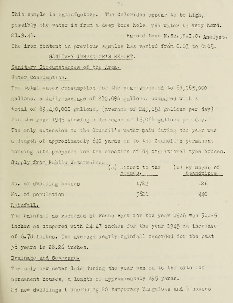 possibly the water is from a deep bore hole.. The water is very hard. 21.9.46. Harold Lowe M.Sc.,FeIoC. Analyst. The iron content in previous samples has varied from 0.03 to O'.05’ SAIT I TnRY IITSPFC TOR1 S R5I0RT. Sanitary Circumstances of the Area, later Consumption. The total water consumption for the year amounted to 83,985j000 gallons, a daily average of 230,096 gallons, compared with a total of 89,430,000 gallons, 'average of 245>!52 ga,llons per day) for the year 1945 showing a decrease of 15,066 gallons per day, Tne only extension to the Council’s water main during the year was a length of approximately 640 yards on to the Council's permanent housing site prepared, for the erection of 84 traditional type houses Supply from Public .11 at or mains._ (a) Direct to the (b) By means of . r-ouses. Standpipes. ’To. of dwelling houses iTo. of population cu cu a- 1—1 126 5621 440 R .infall. The rainfall as recorded at Fenns Bank for the year 1946 was 31«25 inches as compared with 24.47 inches for the year 1945 an increase of 6.78 inches. The average yearly rainfall recorded for the past 38 years is 28.2o inches. Drainage and Sewerage. The only new sewer laid during the year was on to the site for permanent houses, a length of approximately 495 yards, 23 new dwellings ( including 20 temporary bungalows and 3 houses