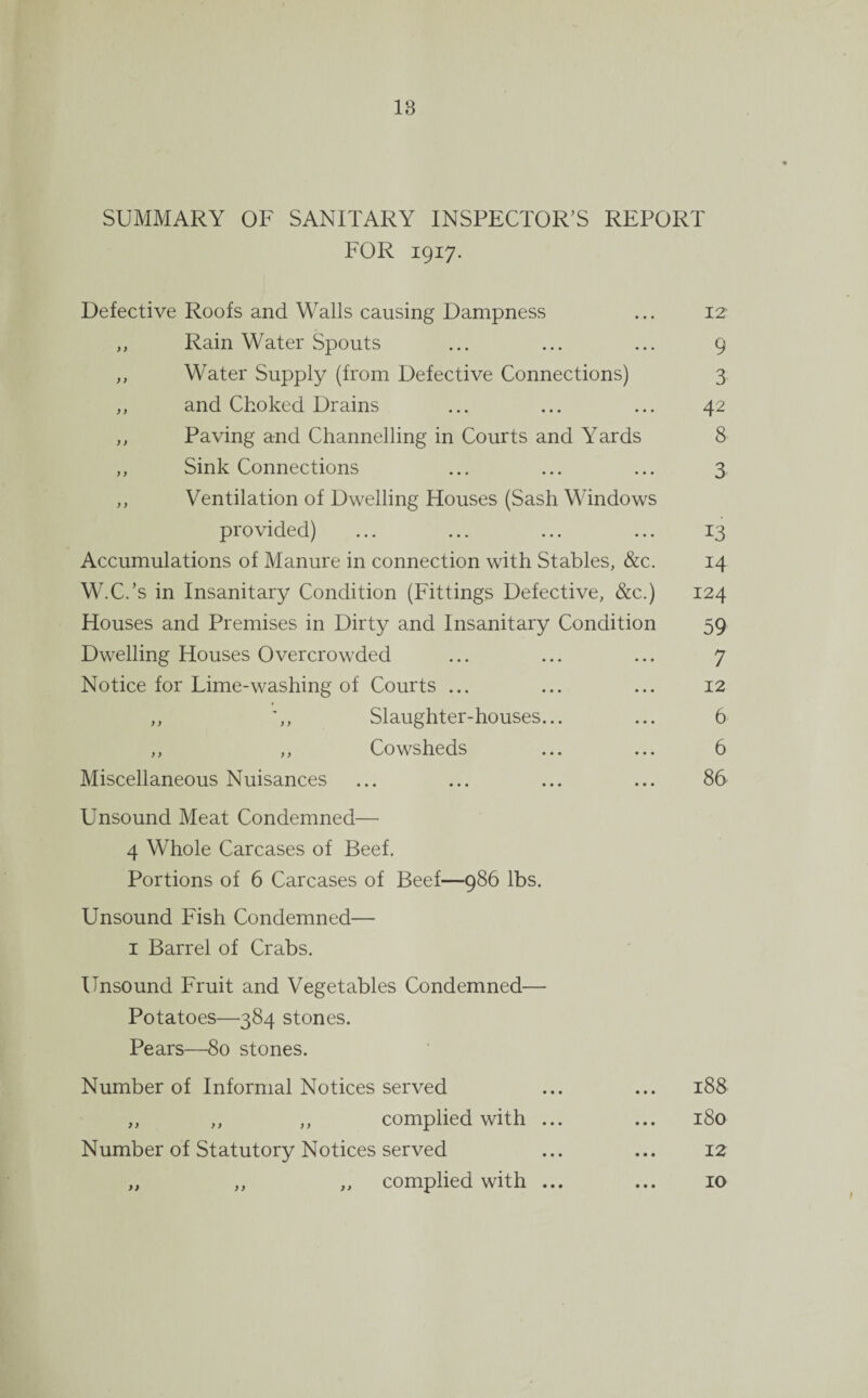 SUMMARY OF SANITARY INSPECTOR’S REPORT FOR 1917. Defective Roofs and Walls causing Dampness ... 12 ,, Rain Water Spouts ... ... ... 9 ,, Water Supply (from Defective Connections) 3 ,, and Choked Drains ... ... ... 42 ,, Paving and Channelling in Courts and Yards 8 ,, Sink Connections ... ... ... 3 ,, Ventilation of Dwelling Houses (Sash Windows provided) ... ... ... ... 13 Accumulations of Manure in connection with Stables, &c. 14 W.C.’s in Insanitary Condition (Fittings Defective, &c.) 124 Houses and Premises in Dirty and Insanitary Condition 59 Dwelling Houses Overcrowded ... ... ... 7 Notice for Lime-washing of Courts ... ... ... 12 ,, ',, Slaughter-houses... ... 6 ,, ,, Cowsheds ... ... 6 Miscellaneous Nuisances ... ... ... ... 86 Unsound Meat Condemned— 4 Whole Carcases of Beef. Portions of 6 Carcases of Beef—986 lbs. Unsound Fish Condemned— 1 Barrel of Crabs. Unsound Fruit and Vegetables Condemned— Potatoes—384 stones. Pears—80 stones. Number of Informal Notices served ... ... 188 ,, ,, ,, complied with ... ... 180 Number of Statutory Notices served ... ... 12 „ ,, „ complied with ... ... 10