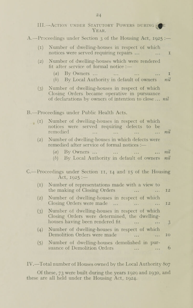 III.—Action under Statutory Powers during Year. A.—Proceedings under Section 3 of the Housing Act, 1925 :— (1) Number of dwelling-houses in respect of which notices were served requiring repairs ... ... 1 (2) Number of dwelling-houses which were rendered fit after service of formal notice :— (а) By Owners ... ... ... ... 1 (б) By Local Authority in default of owners nil (3) Number of dwelling-houses in respect of which Closing Orders became operative in pursuance of declarations bv owners of intention to close ... nil B. —Proceedings under Public Health Acts. (1) Number of dwelling-houses in respect of which notices were served requiring defects to be remedied ... ... ... ...nil (2) Number of dwelling-houses in which defects were remedied after service of formal notices :— (a) By Owners ... ... ... ...nil (b) By Local Authority in default of owners nil C. —Proceedings under Section n, 14 and 15 of the Housing Act, 1925 :— (1) Number of representations made with a view to the making of Closing Orders ... ... 12 (2) Number of dwelling-houses in respect of which Closing Orders were made ... ... ... 12 (3) Number of dwelling-houses in respect of which Closing Orders were determined, the dwelling- houses having been rendered fit ... ... 3 (4) Number of dwelling-houses in respect of which Demolition Orders were made ... ... 10 (5) Number of dwelling-houses demolished in pur¬ suance of Demolition Orders ... ... 6 IV.—Total number of Houses owned by the Local Authority 807 Of these, 73 were built during the years 1929 and 1930, and these are all held under the Housing Act, 1924.