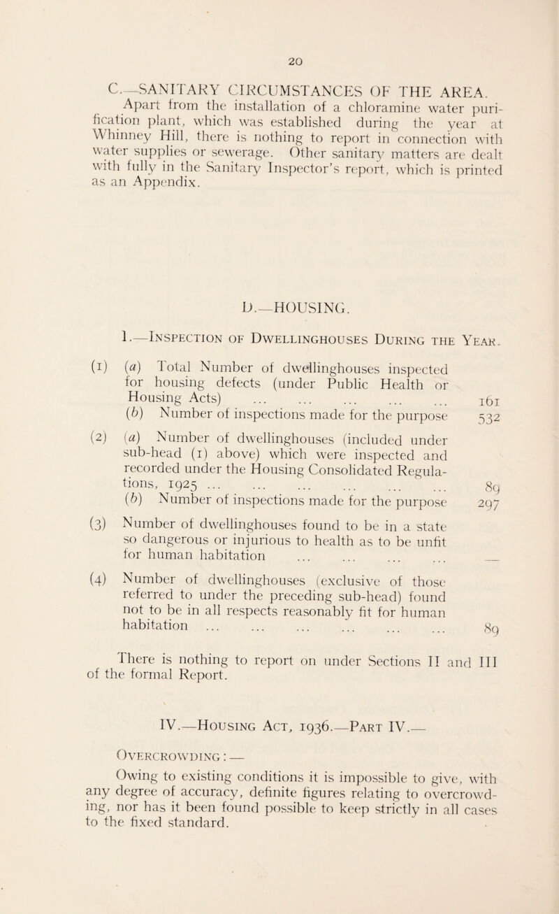 c.—SANITARY CIRCUMSTANCES OF THE AREA. Apart from the installation of a chloramine water puri¬ fication plant, which was established during the year at Whmney Hill, there is nothing to report in connection with water supplies or sewerage. Other sanitary matters are dealt with fully in the Sanitary Inspector’s report, which is printed as an Appendix. D.—HOUSING. 1.—Inspection of Dwellinghouses During the Year. (1) (a) Total Number of dwellinghouses inspected for housing defects (under Public Health or Housing Acts) (b) Number of inspections made for the purpose (2) (a) Number of dwellinghouses (included under sub-head (1) above) which were inspected and recorded under the Housing Consolidated Regula¬ tions, 1925 ... (b) Number of inspections made for the purpose (3) Number of dwellinghouses found to be in a state so dangerous or injurious to health as to be unfit for human habitation (4) Number of dwellinghouses (exclusive of those referred to under the preceding sub-head) found not to be in all respects reasonably fit for human habitation 161 532 8g 297 I here is nothing to report on under Sections II and III of the formal Report. IV.—Housing Act, 1936.—Part IV._ Overcrowding : — Owing to existing conditions it is impossible to give, with any degree of accuracy, definite figures relating to overcrowd¬ ing, nor has it been found possible to keep strictly in all cases to the fixed standard.