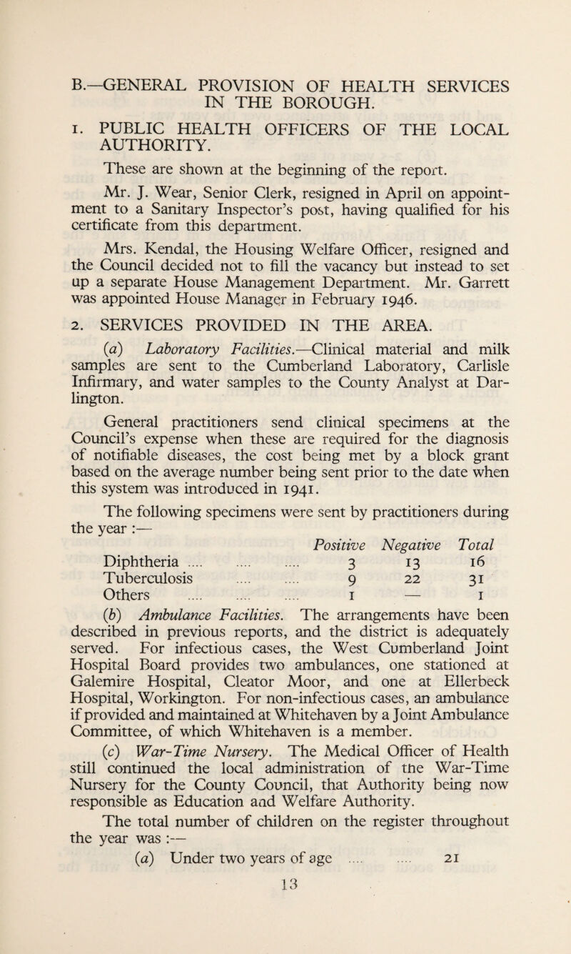 B.— GENERAL PROVISION OF HEALTH SERVICES IN THE BOROUGH. 1. PUBLIC HEALTH OFFICERS OF THE LOCAL AUTHORITY. These are shown at the beginning of the report. Mr. J. Wear, Senior Clerk, resigned in April on appoint¬ ment to a Sanitary Inspector’s post, having qualified for his certificate from this department. Mrs. Kendal, the Housing Welfare Officer, resigned and the Council decided not to fill the vacancy but instead to set up a separate House Management Department. Mr. Garrett was appointed House Manager in February 1946. 2. SERVICES PROVIDED IN THE AREA. (a) Laboratory Facilities.—Clinical material and milk samples are sent to the Cumberland Laboratory, Carlisle Infirmary, and water samples to the County Analyst at Dar¬ lington. General practitioners send clinical specimens at the Council’s expense when these are required for the diagnosis of notifiable diseases, the cost being met by a block grant based on the average number being sent prior to the date when this system was introduced in 1941. The following specimens were sent by practitioners during the year :— Positive Negative Total Diphtheria. 3 13 16 Tuberculosis . 9 22 31 Others . 1 — 1 (b) Ambulance Facilities. The arrangements have been described in previous reports, and the district is adequately served. For infectious cases, the West Cumberland Joint Hospital Board provides two ambulances, one stationed at Galemire Hospital, Cleator Moor, and one at Ellerbeck Hospital, Workington. For non-infectious cases, an ambulance if provided and maintained at Whitehaven by a Joint Ambulance Committee, of which Whitehaven is a member. (c) War-Time Nursery. The Medical Officer of Health still continued the local administration of tiie War-Time Nursery for the County Council, that Authority being now responsible as Education and Welfare Authority. The total number of children on the register throughout the year was :— (1a) Under two years of age . 21