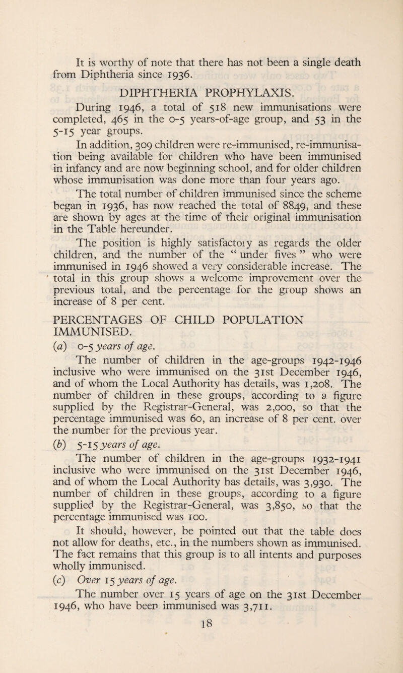 It is worthy of note that there has not been a single death from Diphtheria since 1936. DIPHTHERIA PROPHYLAXIS. During 1946, a total of 518 new immunisations were completed, 465 in the 0-5 years-of-age group, and 53 in the 5-15 year groups. In addition, 309 children were re-immunised, re-immunisa¬ tion being available for children who have been immunised in infancy and are now beginning school, and for older children whose immunisation was done more than four years ago. The total number of children immunised since the scheme began in 1936, has now reached the total of 8849, and these are shown by ages at the time of their original immunisation in the Table hereunder. The position is highly satisfactoiy as regards the older children, and the number of the “ under fives ” who were immunised in 1946 showed a very considerable increase. The * total in tins group shows a welcome improvement over the previous total, and the percentage for the group shows an increase of 8 per cent. PERCENTAGES OF CHILD POPULATION IMMUNISED. (a) 0-5 years of age. The number of children in the age-groups 1942-1946 inclusive who were immunised on the 31st December 1946, and of whom the Local Authority has details, was 1,208. The number of children in these groups, according to a figure supplied by the Registrar-General, was 2,000, so that the percentage immunised was 60, an increase of 8 per cent, over the number for the previous year. (b) 5-15 years of age. The number of children in the age-groups 1932-1941 inclusive who were immunised on the 31st December 1946, and of whom the Local Authority has details, was 3,930. The number of children in these groups, according to a figure supplied by the Registrar-General, was 3,850, so that the percentage immunised was 100. It should, however, be pointed out that the table does not allow for deaths, etc., in the numbers shown as immunised. The fact remains that this group is to all intents and purposes wholly immunised. (c) Over 15 years of age. The number over 15 years of age on the 31st December 1946, who have been immunised was 3,711.