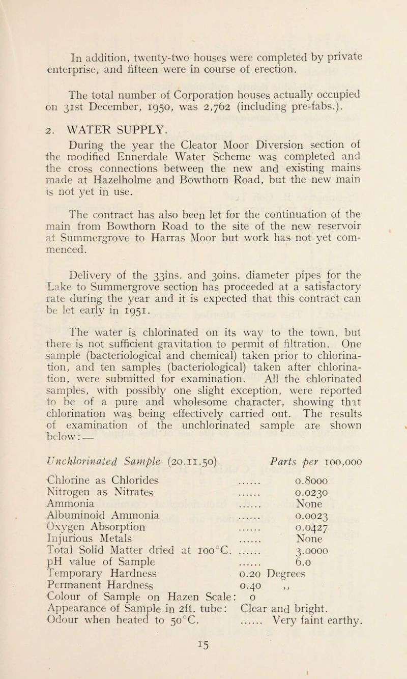 In addition, twenty-two houses were completed by private enterprise, and fifteen were in course of erection. The total number of Corporation houses actually occupied on 31st December, 1950, was 2,762 (including pre-fabs.). 2. WATER SUPPLY. During the year the Cleator Moor Diversion section of the modified Ennerdale Water Scheme was completed and the cross connections between the new and existing mains made at Iiazelholme and Bowthorn Road, but the new main is not yet in use. The contract has also been let for the continuation of the main from Bowthorn Road to the site of the new reservoir at Summergrove to Harras Moor but work has not yet com¬ menced. Delivery of the 33ms. and 30ms. diameter pipes for the Lake to Summergrove section has proceeded at a satisfactory rate during the year and it is expected that this contract can be let early in 1951. The water is chlorinated on its way to the town, but there is not sufficient gravitation to permit of filtration. One sample (bacteriological and chemical) taken prior to chlorina¬ tion, and ten samples (bacteriological) taken after chlorina¬ tion, were submitted for examination. All the chlorinated samples, with possibly one slight exception, were reported to be of a pure and wholesome character, showing that chlorination was being effectively carried out. The results of examination of the unchlorinated sample are shown below: — Unchlorinated Sample (20.11.50) Parts per 100,000 Chlorine as Chlorides Nitrogen as Nitrates Ammonia Albuminoid Ammonia Oxygen Absorption Injurious Metals Total Solid Matter dried at ioocC. pH value of Sample Temporary Hardness Permanent Hardness Colour of Sample on Hazen Scale: Appearance of Sample in 2ft. tube: Odour when heated to 50°C. . 0.8000 . 0.0230 . None . 0.0023 . 0.0427 . None . 3.0000 . 6.0 0.20 Degrees 0.40 o Clear and bright. . Very faint earthy.