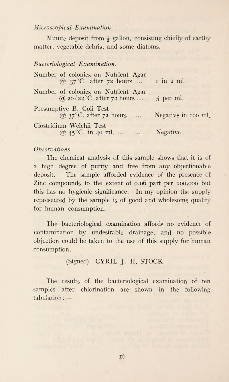 Minute deposit from \ gallon, consisting chiefly of earthy matter, vegetable debris, and some diatoms. Bacteriological Examination. Number of colonies on Nutrient Agar @ 37°C. after 72 hours ... 1 in 2 ml. Number of colonies on Nutrient Agar @ 20/22°C. after 72 hours ... Presumptive B. Coli Test @ 370 C. after 72 hours Clostridium Welchii Test @ 45°C. in 40 ml. ... 5 per mh Negative in 100 mh Negative Observations. The chemical analysis of this sample shows that it is of a high degree of purity and free from any objectionable deposit. The sample afforded evidence of the presence of Zinc compounds to the extent of 0.06 part per 100,000 but this has no hygienic significance. In my opinion the suppfy represented by the sample is of good and wholesome quality for human consumption. The bacteriological examination affords no evidence of contamination by undesirable drainage, and no possible objection could be taken to the use of this supply for human consumption. (Signed) CYRIL J. H. STOCK. The results of the bacteriological examination of ten samples after chlorination are shown in the following tabulation: —