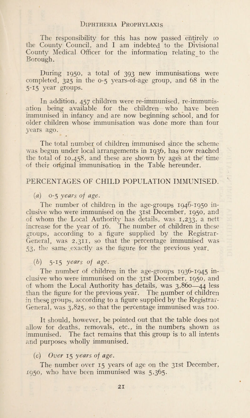 Diphtheria Prophylaxis The responsibility for this has now passed entirely to the County Council, and I am indebted to the Divisional County Medical Officer for the information relating to the Borough. During 1950, a total of 393 new immunisations were completed, 325 in the 0-5 years-of-age group, and 68 in the 5-15 year groups. In addition, 457 children were re-immunised, re-immunis¬ ation being available for the children who have been immunised in infancy and are now beginning school, and for older children whose immunisation was done more than four years ago. The total number of children immunised since the scheme was begun under local arrangements in 1936, has now reached the total of 10,458, and these are shown by ages at the' time of their original immunisation in the Table hereunder. PERCENTAGES OF CHILD POPULATION IMMUNISED. (a) 0-5 years of age. The number of children in the age-groups 1946-1950 in¬ clusive who were immunised on the 31st December, 1950, and of whom the Local Authority has details, was 1,233, a nett increase for the year of 16. The number of children in these groups, according to a figure supplied by the Registrar- General, was 2,311, so that the percentage immunised was 53, the same exactly as the figure for the previous year. (b) 5_I5 years of age. The number of children in the age-groups 1936-1945 in¬ clusive who were immunised on the 31st December, 1950, and of whom the Local Authority hasjietails, was 3,860—44 less than the figure for the previous year. The number of children in these groups, according to a figure supplied by the Registrar- General, was 3,825, so that the percentage immunised was 100. It should, however, be pointed out that the table does not allow for deaths, removals, etc., in the numbers shown as immunised. The fact remains that this group is to all intents and purposes wholly immunised. (c) Over 15 years of age. The number over 15 years of age on the 31st December, 1950, who have been immunised was 5,365.