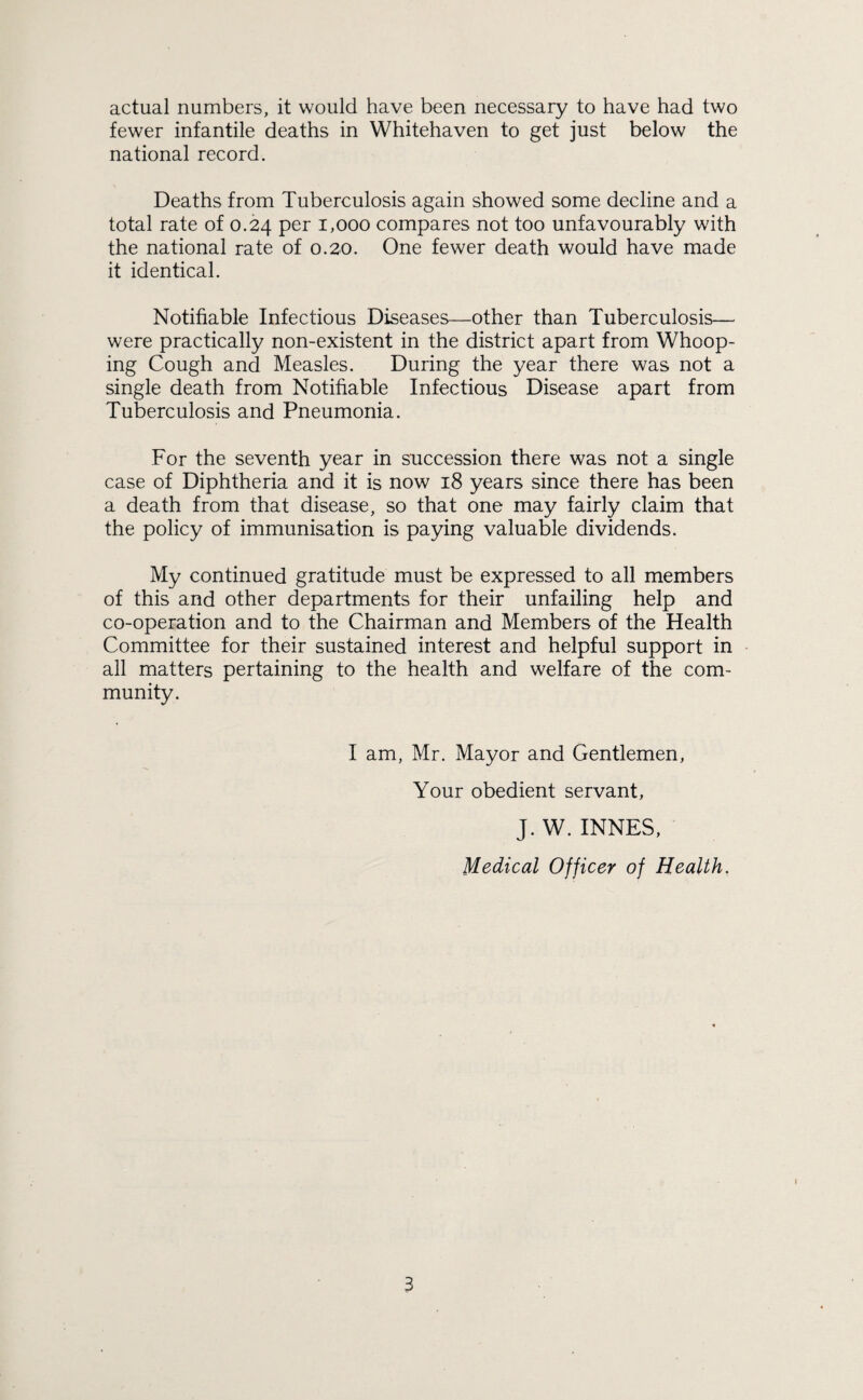 actual numbers, it would have been necessary to have had two fewer infantile deaths in Whitehaven to get just below the national record. Deaths from Tuberculosis again showed some decline and a total rate of 0.24 per 1,000 compares not too unfavourably with the national rate of 0.20. One fewer death would have made it identical. Notifiable Infectious Diseases—other than Tuberculosis— were practically non-existent in the district apart from Whoop¬ ing Cough and Measles. During the year there was not a single death from Notifiable Infectious Disease apart from Tuberculosis and Pneumonia. For the seventh year in succession there was not a single case of Diphtheria and it is now 18 years since there has been a death from that disease, so that one may fairly claim that the policy of immunisation is paying valuable dividends. My continued gratitude must be expressed to all members of this and other departments for their unfailing help and co-operation and to the Chairman and Members of the Health Committee for their sustained interest and helpful support in all matters pertaining to the health and welfare of the com¬ munity. I am, Mr. Mayor and Gentlemen, Your obedient servant, J. W. INNES, Medical Officer of Health.