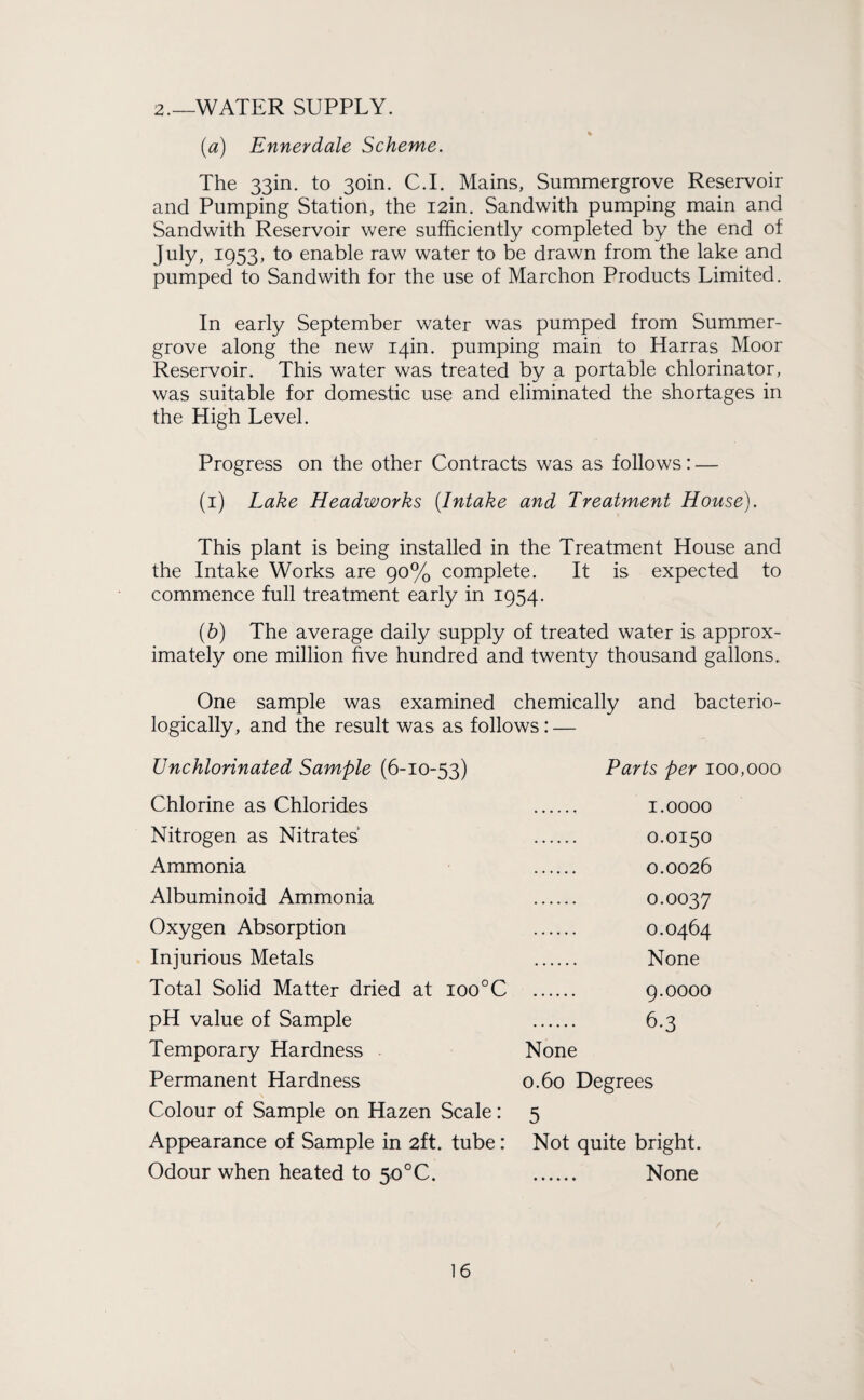 2—WATER SUPPLY. % (a) Ennerdale Scheme. The 33m. to 30m. C.I. Mains, Summergrove Reservoir and Pumping Station, the I2in. Sandwith pumping main and Sandwith Reservoir were sufficiently completed by the end of July, 1953, to enable raw water to be drawn from the lake and pumped to Sandwith for the use of Marchon Products Limited. In early September water was pumped from Summer- grove along the new 14m. pumping main to Harras Moor Reservoir. This water was treated by a portable chlorinator, was suitable for domestic use and eliminated the shortages in the High Level. Progress on the other Contracts was as follows: — (1) Lake Headworks (.Intake and Treatment House). This plant is being installed in the Treatment House and the Intake Works are 90% complete. It is expected to commence full treatment early in 1954. (■b) The average daily supply of treated water is approx¬ imately one million five hundred and twenty thousand gallons. One sample was examined chemically and bacterio- logically, and the result was as follows: — Unchlorinated Sample (6-10-53) Chlorine as Chlorides . Nitrogen as Nitrates . Ammonia . Albuminoid Ammonia . Oxygen Absorption . Injurious Metals . Total Solid Matter dried at ioo°C . pH value of Sample . Temporary Hardness None Permanent Hardness 0.60 Degrees Colour of Sample on Hazen Scale: 5 Appearance of Sample in 2ft. tube: Not quite bright. Odour when heated to 50°C. . None Parts per 100,000 1.0000 0.0150 0.0026 0.0037 0.0464 None 9.0000 6.3
