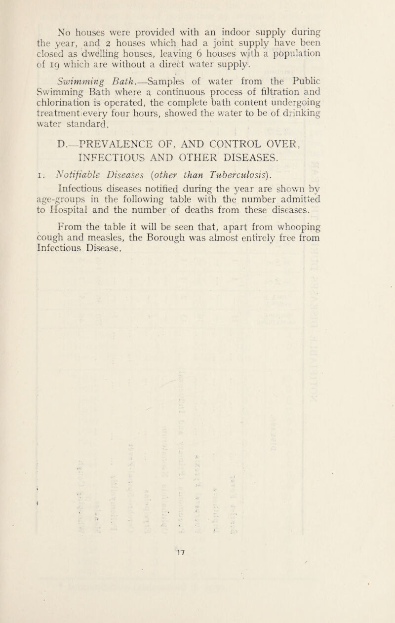 No houses were provided with an indoor supply during the year, and 2 houses which had a joint supply have been closed as dwelling houses, leaving 6 houses with a population of 19 which are without a direct water supply. Swimming Bath.—Samples of water from the Public Swimming Bath where a continuous process of filtration and chlorination is operated, the complete bath content undergoing treatment every four hours, showed the water to be of drinking water standard. D.—PREVALENCE OF, AND CONTROL OVER, INFECTIOUS AND OTHER DISEASES. 1. Notifiable Diseases (other than Tuberculosis). Infectious diseases notified during the year are shown by age-groups in the following table with the number admitted to Hospital and the number of deaths from these diseases. From the table it will be seen that, apart from whooping cough and measles, the Borough was almost entirely free from Infectious Disease.