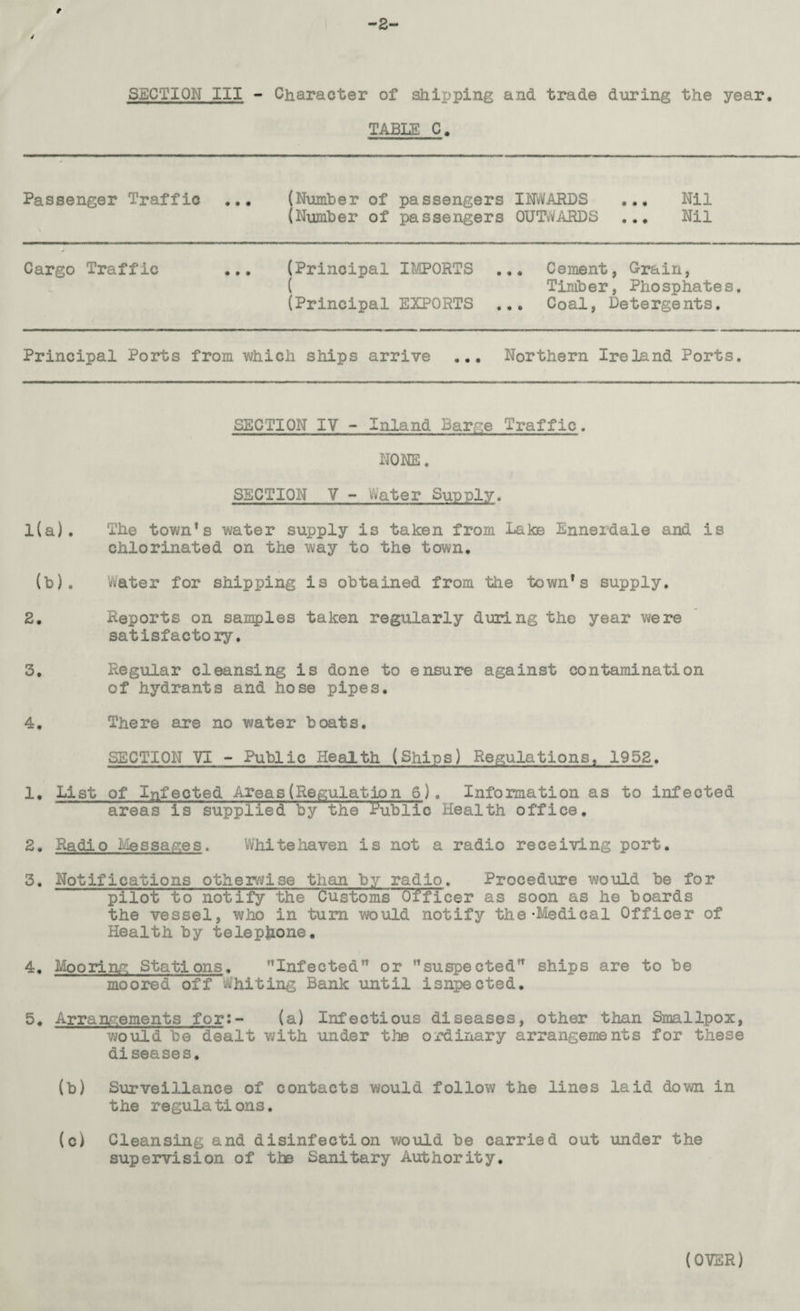 SECTION III - Character of shipping and trade during the year. TABLE C, Passenger Traffic ... (Number of passengers INWARDS ... Nil (Number of passengers OUTWARDS ... Nil Cargo Traffic ... (Principal IMPORTS ... Cement, Grain, t Timber, Phosphates. (Principal EXPORTS ... Coal, Detergents. Principal Ports from which ships arrive ... Northern Ireland Ports. SECTION IV - Inland Barf-e Traffic. NONE. SECTION V - Water Supply. 1(a). The town’s water supply is taken from Lake Ennerdale and is chlorinated on the way to the town. (b). Water for shipping is obtained from the town’s supply. 2. Reports on samples taken regularly during the year were satisfactory. 3. Regular cleansing is done to ensure against contamination of hydrants and hose pipes. 4. There are no water boats. SECTION VI - Public Health (Ships) Regulations. 1952. 1. List of Infected Areas (Regulation 6). Information as to infected areas is supplied by the Public Health office, 2. Radio Messages. Whitehaven is not a radio receiving port. 3. Notifications otherwise than by radio. Procedure would be for pilot to notify the Customs Officer as soon as he boards the vessel, who in turn would notify the-Medical Officer of Health by telephone, 4. -loorinr; Stations. ’’Infected” or ’’suspected” ships are to be moored off Whiting Bank until isnpected. 5. Arrangements for:- (a) Infectious diseases, other than Smallpox, would be dealt with under the ordinary arrangements for these diseases. (b) Surveillance of contacts would follow the lines laid down in the regulations. (c) Cleansing and disinfection would be carried out under the supervision of the Sanitary Authority.