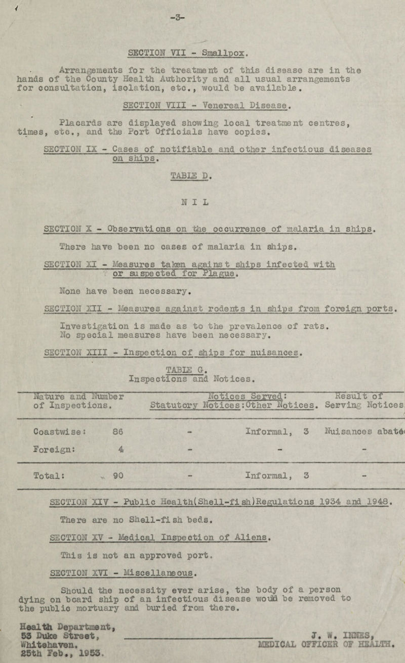 4 -3- SECTION VII - Smallpox. Arrangements for the treatment of this disease are in the hands of the County Health Authority and all usual arrangements for consultation, isolation, etc., would be available. SECTION VIII - Venereal Disease. Placards are displayed showing local treatment centres, times, etc., and the Port Officials have copies. SECTION IX - Cases of notifiable and other infectious diseases on ships. TABLE D. NIL SECTION X - Observations on the occurrence of malaria in ships. There have been no cases of malaria in ships. SECTION XI - Measures taken against ships infected with or suspected for Plague. ~~ None have been necessary. SECTION XII - Measures against rodents in ships from foreign ports. Investigation is made as to the prevalence of rats. No special measures have been necessary. SECTION XIII - Inspection of ships for nuisances. TAB IE G. Inspections and Notices. Nature and dumber No t i oes Se rve fll Re suit of of Inspections. Statutory Notices:Other Notices. Serving Notices, Coastwise: 86 - Informal, 3 Nuisances abat6< Foreign: 4 Total: v. 90 - Informal, 3 SECTION XIV - Public Health!Shell-fiah)Regulations 1934 and 1948. There are no Shell-fish beds. SECTION XV - Medical Inspection of Aliens. This is not an approved port. SECTION XVI - Miscellaneous. Should the necessity ever arise, the body of a person dying on beard ship of an infectious disease would be removed to the public mortuary and buried from there. Health Department, 53 Duke Street, _ J. W, INN2S, Whitehaven. MEDICAL OFFICER OF HEALTH. 25th Feb,, 1953.