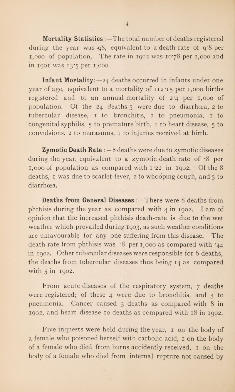 Mortality Statistics :—The total number of deaths registered during the year was *98, equivalent to a death rate of 9*8 per 1,000 of population, The rate in 1902 was 1078 per 1,000 and in 1901 was 13*5 per 1,000. Infant Mortality:—24 deaths occurred in infants under one year of age, equivalent to a mortality of 112*15 per 1,000 births registered and to an annual mortality of 2*4 per 1,000 of population. Of the 24 deaths 5 were due to diarrhoea, 2 to tubercular disease, 1 to bronchitis, 1 to pneumonia, 1 to congenital syphilis, 5 to premature birth, 1 to heart disease, 5 to convulsions. 2 to marasmus, 1 to injuries received at birth. Zymotic Death Rate : — 8 deaths were due to zymotic diseases during the year, equivalent to a zymotic death rate of *8 per 1,000 of population as compared with 1*22 in 1902. Of the 8 deaths, 1 was due to scarlet-fever, 2 to whooping cough, and 5 to diarrhoea. Deaths from General Diseases :—There were 8 deaths from phthisis during the year as compared with 4 in 1902. I am of opinion that the increased phthisis death-rate is due to the wet weather which prevailed during 1903, as such weather conditions are unfavourable for any one suffering from this disease. The death rate from phthisis was *8 per 1,000 as compared with *44 in 1902. Other tubercular diseases were responsible for 6 deaths, the deaths from tubercular diseases thus being 14 as compared with 5 in 1902. From acute diseases of the respiratory system, 7 deaths were registered; of these 4 were due to bronchitis, and 3 to pneumonia. Cancer caused 3 deaths as compared with 8 in 1902, and heart disease 10 deaths as compared with 18 in 1902. Five inquests were held during the year, 1 on the body of a female who poisoned herself with carbolic acid, 1 on the body of a female who died from burns accidently received, 1 on the body of a female who died from internal rupture not caused by