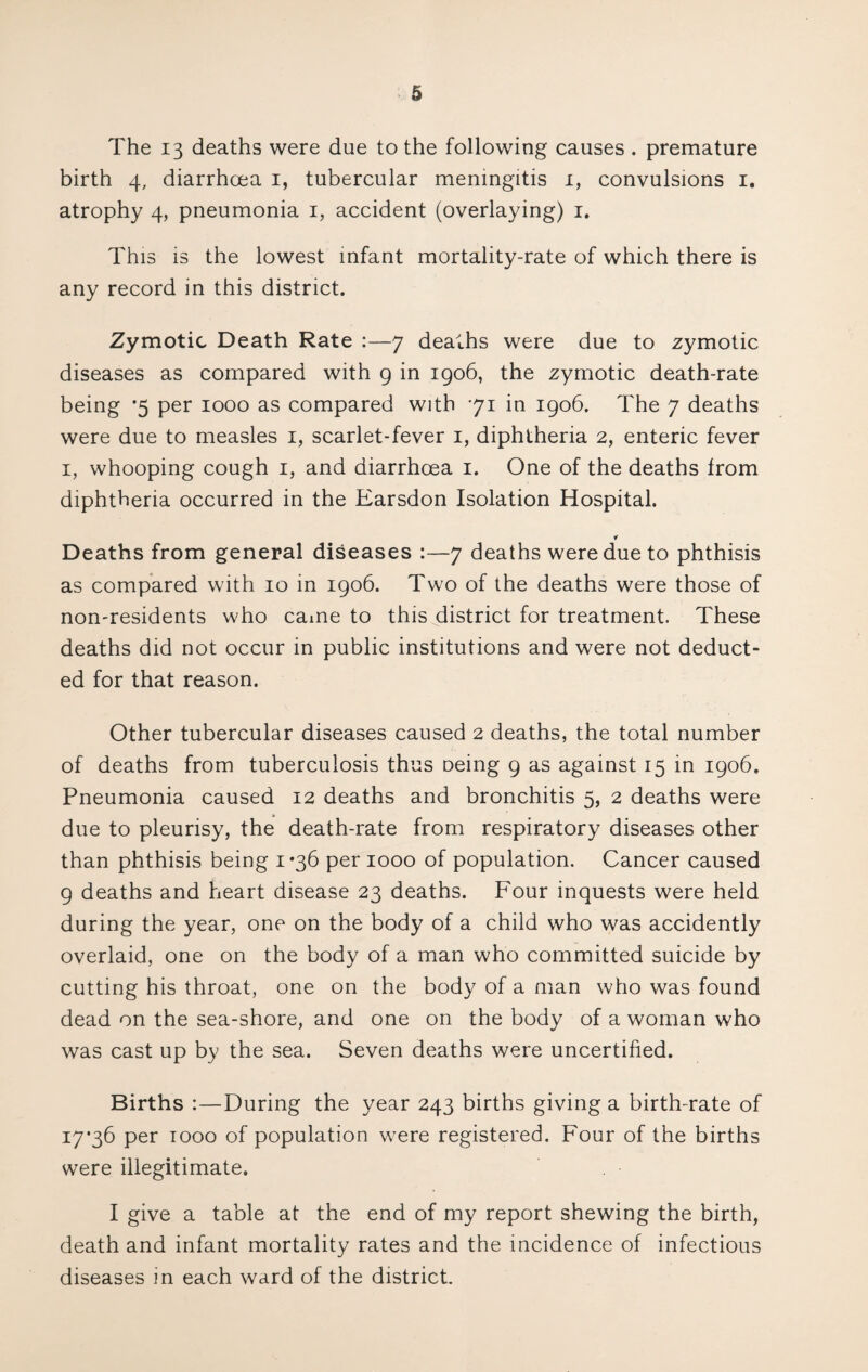 The 13 deaths were due to the following causes . premature birth 4, diarrhoea 1, tubercular meningitis 1, convulsions 1. atrophy 4, pneumonia 1, accident (overlaying) 1. This is the lowest infant mortality-rate of which there is any record in this district. Zymotic Death Rate :—7 deaths were due to zymotic diseases as compared with 9 in 1906, the zymotic death-rate being #5 per 1000 as compared with 71 in 1906. The 7 deaths were due to measles 1, scarlet-fever 1, diphtheria 2, enteric fever 1, whooping cough 1, and diarrhoea 1. One of the deaths from diphtheria occurred in the Earsdon Isolation Hospital. * Deaths from general diseases :—7 deaths were due to phthisis as compared with 10 in 1906. Two of the deaths were those of non-residents who came to this district for treatment. These deaths did not occur in public institutions and were not deduct¬ ed for that reason. Other tubercular diseases caused 2 deaths, the total number of deaths from tuberculosis thus oeing 9 as against 15 in 1906. Pneumonia caused 12 deaths and bronchitis 5, 2 deaths were due to pleurisy, the death-rate from respiratory diseases other than phthisis being 1*36 per 1000 of population. Cancer caused 9 deaths and heart disease 23 deaths. Four inquests were held during the year, one on the body of a child who was accidently overlaid, one on the body of a man who committed suicide by cutting his throat, one on the body of a man who was found dead on the sea-shore, and one on the body of a woman who was cast up by the sea. Seven deaths were uncertified. Births :—During the year 243 births giving a birth-rate of 17*36 per 1000 of population were registered. Four of the births were illegitimate. I give a table at the end of my report shewing the birth, death and infant mortality rates and the incidence of infectious diseases in each ward of the district.