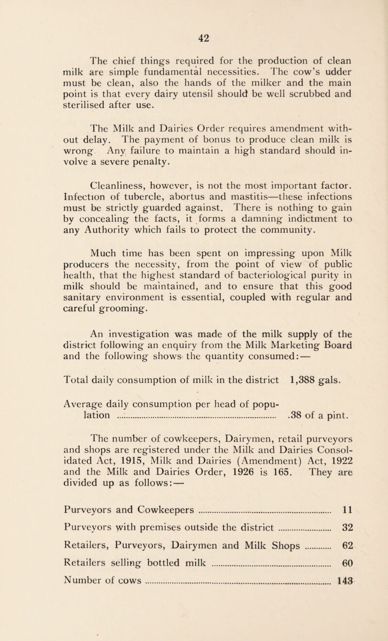 The chief things required for the production of clean milk are simple fundamental necessities. The cow’s udder must be clean, also the hands of the milker and the main point is that every dairy utensil should be well scrubbed and sterilised after use. The Milk and Dairies Order requires amendment with¬ out delay. The payment of bonus to produce clean milk is wrong Any. failure to maintain a high standard should in¬ volve a severe penalty. Cleanliness, however, is not the most important factor. Infection of tubercle, abortus and mastitis—these infections must be strictly guarded against. There is nothing to gain by concealing the facts, it forms a damning indictment to any Authority which fails to protect the community. Much time has been spent on impressing upon Milk producers the necessity, from the point of view of public health, that the highest standard of bacteriological purity in milk should be maintained, and to ensure that this good sanitary environment is essential, coupled with regular and careful grooming. An investigation was made of the milk supply of the district following an enquiry from the Milk Marketing Board and the following shows the quantity consumed: — Total daily consumption of milk in the district 1,388 gals. Average daily consumption per head of popu¬ lation ...:.38 of a pint. The number of cowkeepers, Dairymen, retail purveyors and shops are registered under the Milk and Dairies Consol¬ idated Act, 1915, Milk and Dairies (Amendment) Act, 1922 and the Milk and Dairies Order, 1926 is 165. They are divided up as follows: — Purveyors and Cowkeepers . 11 Purveyors with premises outside the district . 32 Retailers, Purveyors, Dairymen and Milk Shops . 62 Retailers selling bottled milk . 60 Number of cows. 143