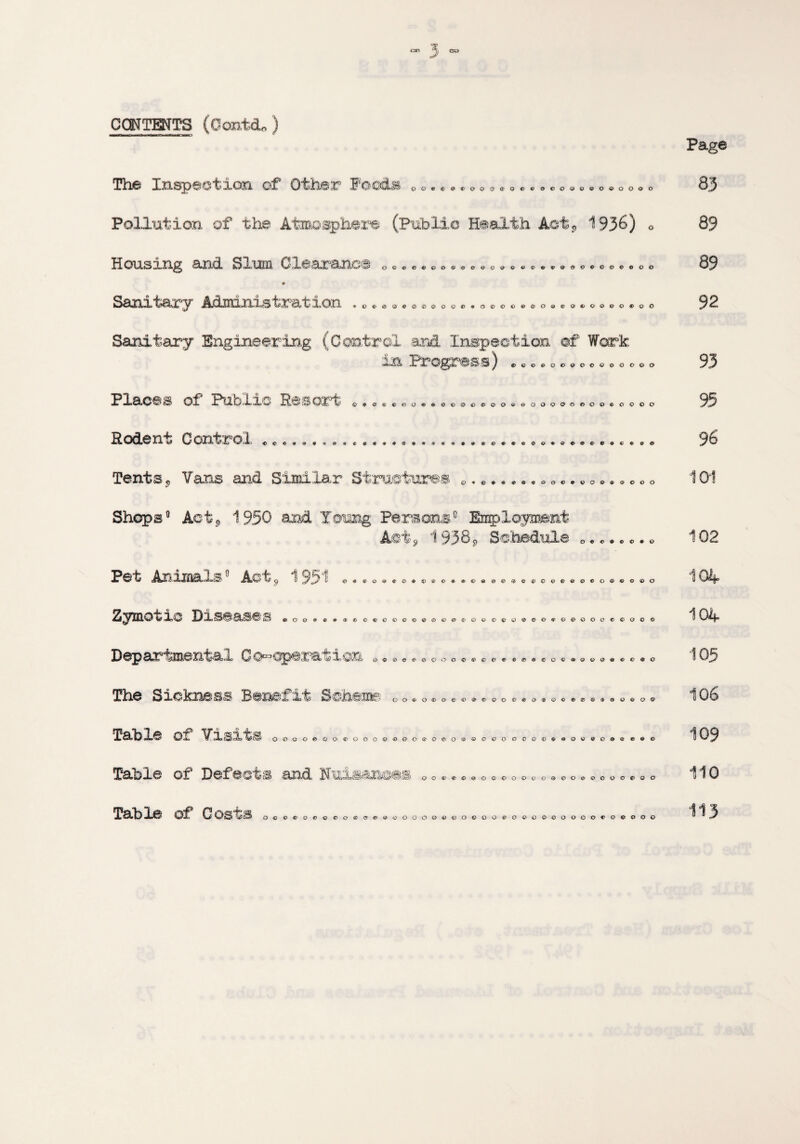 CONTENTS (Contd, The Inspection of Other Foods 0 0. *® €)O0O®0©COOOO4>€>0QO0OO Pollution of the Atmosphere (Public Health Act9 1936) Housing sind Slum Clearance 0 0*i04?©0©^oe<0^©VCt>«>»(»0€»0«»©000 Sanitary Administration , „ (,oo«0i)oooc«<s©©cio©ooeo»-ooooeoo Sanitary Engineering (Control and Inspection of Work in Progress) VeveOOOQVQOQOGO Places of Public Resort 0* ©♦©«e©0€>©o©a>©©oo<*»eooooof>oo<*oooo © © o o Rodent Control Tents„ Vans and Similar Structures „.«. .... © © ©. © 0 © © Shops0 Act? 1950 and Young Persons0 Employment Ac to 1938© Schedule e * ©. * ©. Pet Animals0 Aet9 1951 ©. © © • © ©®0®00c«i0©0©«l>0©0 Zymotic Diseases . 0«... ®6©«r0©0©«®©«f©©©0«0®©©«!©®000c®00© Departmental Co-operation © ® o ©©ooo©©©©®*®®©©©®©©®®©©®© The Sickness Benefit Schema OO4>OC'Oe>€>®© QO©00'BO© *> ® © C» & o * o o Table of Visits O4>GOeOOOOOQQ«>0O(i>OGO&GQQQO€QVC>#QVVQO99*O Table of Defects and Nuisances ©0t>®©«©0©00©©0©0©0000€00 Page 83 89 89 92 93 95 96 Q&OerQ€rG*>O0Q&**OOOOO&&OGOOe>O<:>O&OOOOO€>QOOOO 102 104 104 105 106 109 110 113 Table of Costs